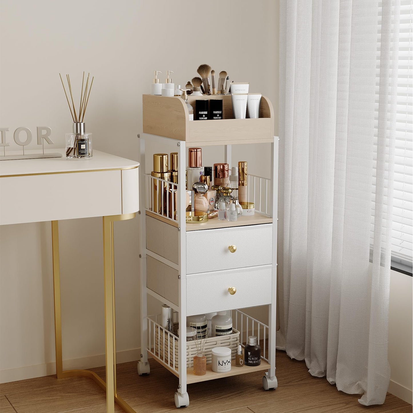 Floor Makeup Organizer Storage Cart - Rolling Makeup Cart with Drawers, Skincare Make Up Organizers and Storage, Cosmetics Display Cases Holder for Skin Care Nail Polish Perfume Makeup Brush (White)