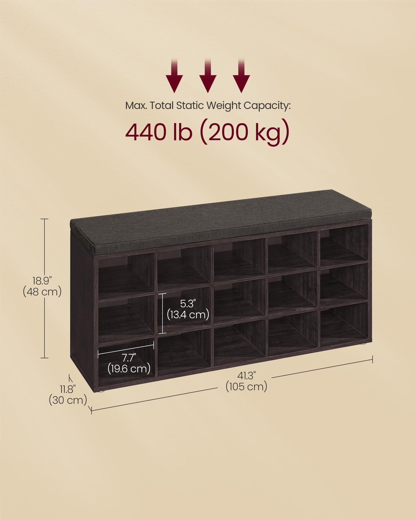 VASAGLE CUSTOS Collection - Shoe Bench, Storage Bench with Padded Seat, Entryway Bench with 15 Compartments, for Bedroom, 11.8 x 41.3 x 18.9 Inches, Espresso Brown and Chestnut Brown ULHS15BR