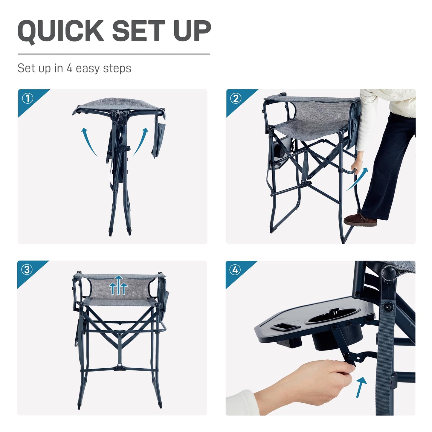 EVER ADVANCED Portable 30.7" Seat Height Tall Folding Camping Chair Directors Chair High Foldable Bar Stool with Side Table for Makeup Artist, Sports Event, Craft Show, Stretch Mesh, Supports 350LBS