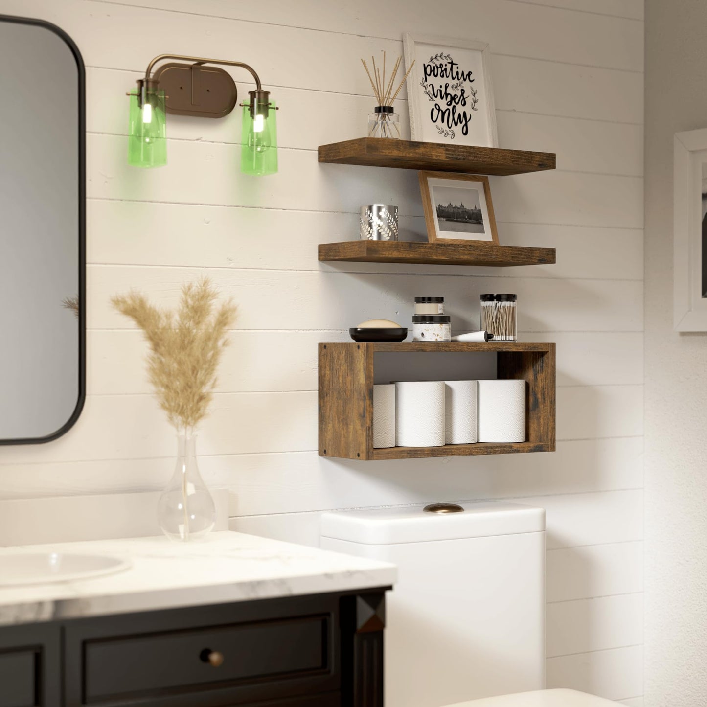 RICHER HOUSE Floating Shelves Set of 3, Modern Bathroom Shelves Wall Mounted Shelves with Invisible Brackets Over Toilet, Rustic Wall Shelves for Bathroom Bedroom, Living Room, Kitchen - Brown