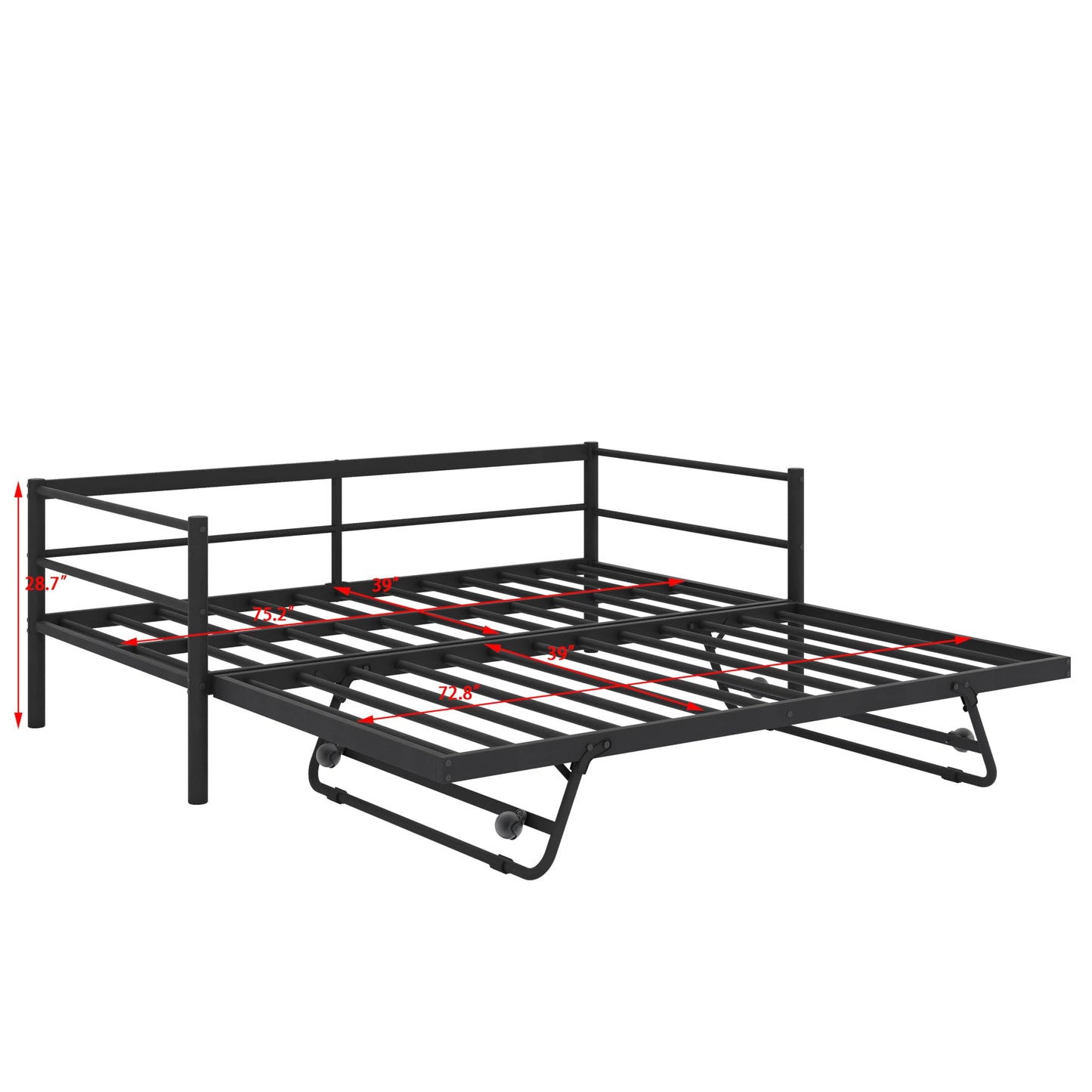 YunNianYang Twin Size Black Metal Daybed with LED and Adjustable Trundle