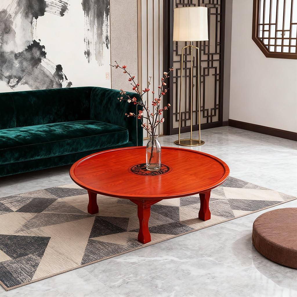 Folding Coffee Table, Rustic Wood Floor Round Table with Chinese Lucky Deer Pattern, Portable Low Dining Tables for Tatami, Living Room, Bedroom, Picnic, Red Brown (Size : 80CM/31.5IN)