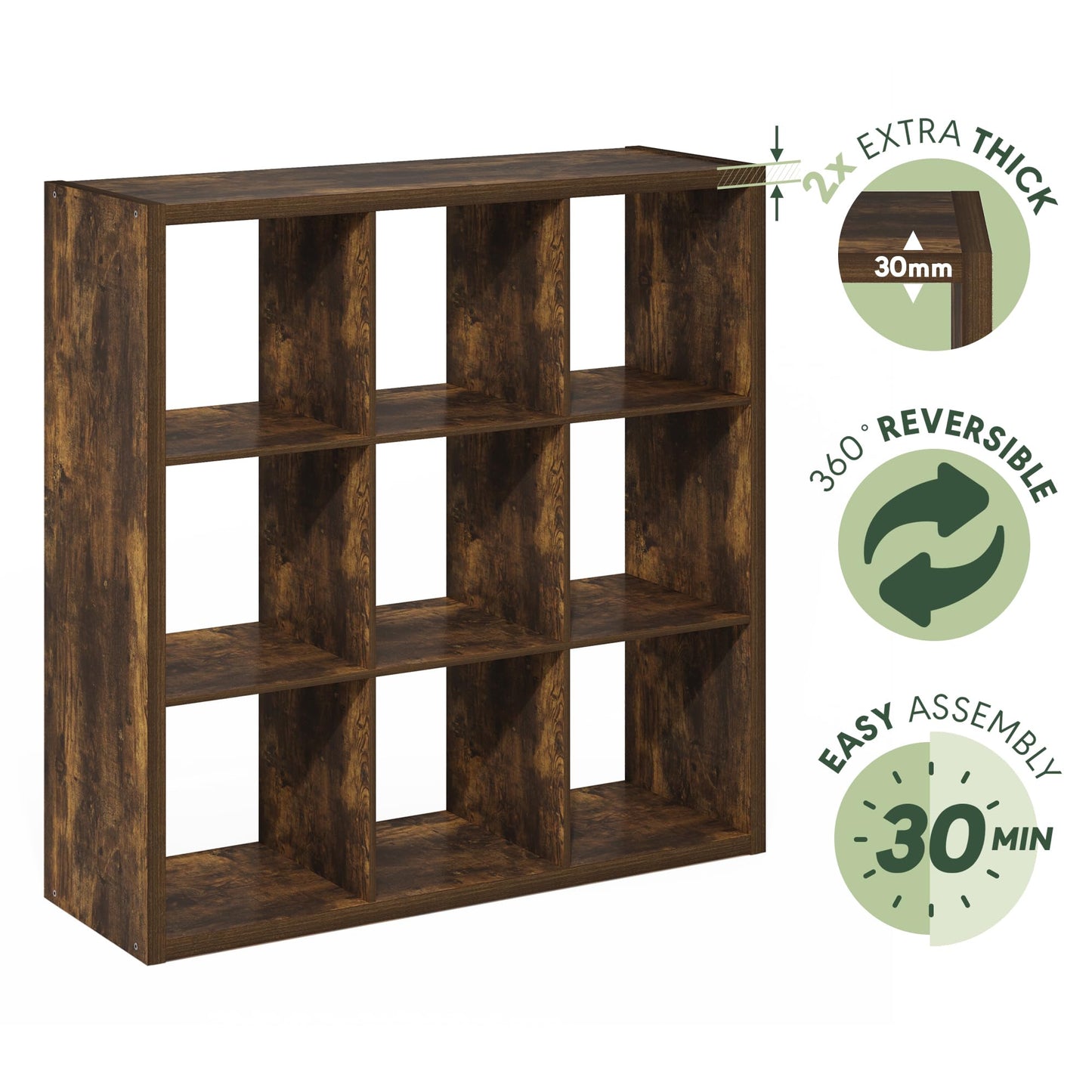 Furinno Cubicle Book Shelf, 9-Cube Bookshelf, Extra Thick Frame Reversible Bookcase with Open Back, 14.6" x 44" x 44", for Living Room, Bedroom, Home Office, Amber Pine
