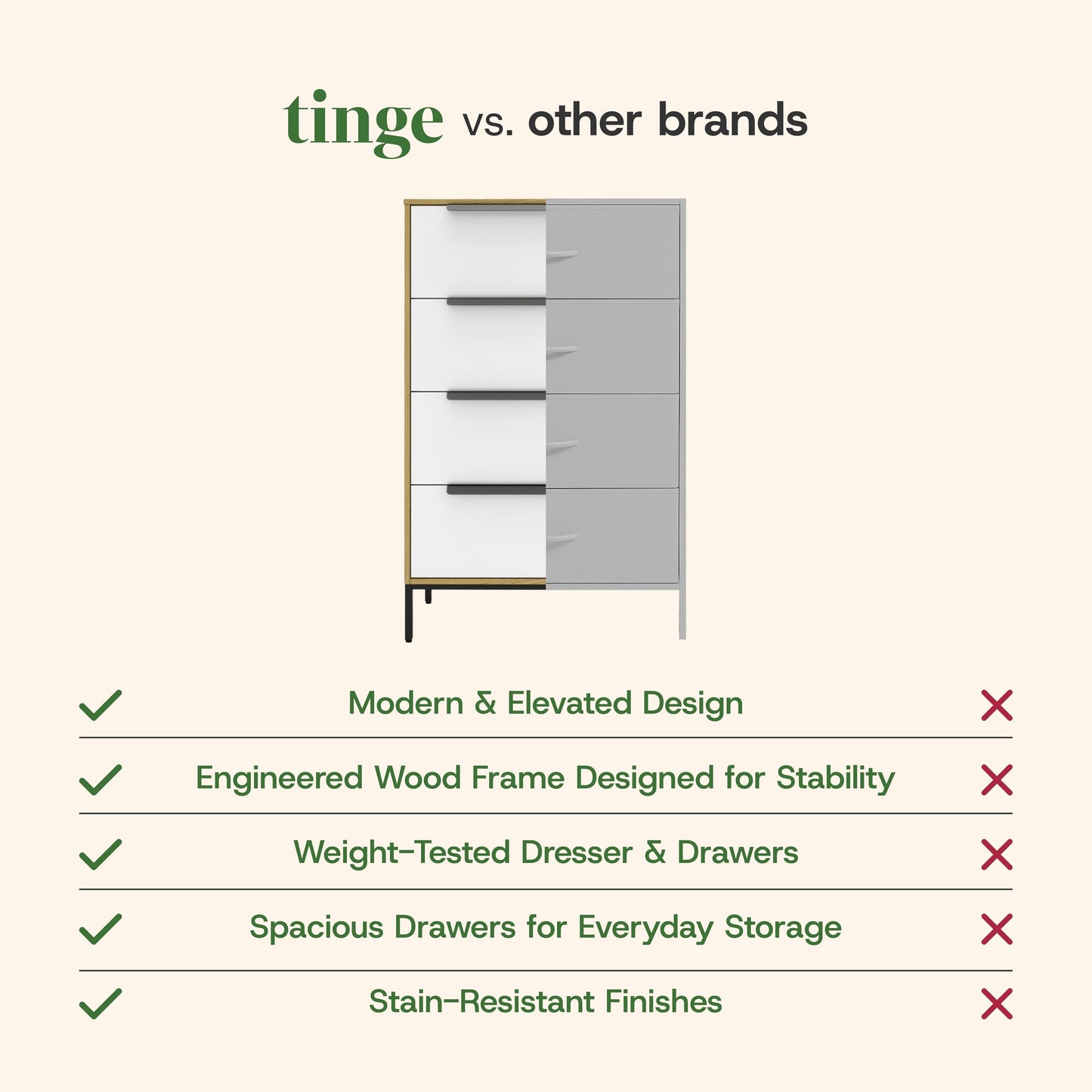 tinge Lira Premium 4 Drawer Fabric Dresser - Engineered Wood Frame Chest of Drawers for Bedroom - Strong & Sag-Proof Clothing Organizer with Sleek Metal Handles (Light Brown)