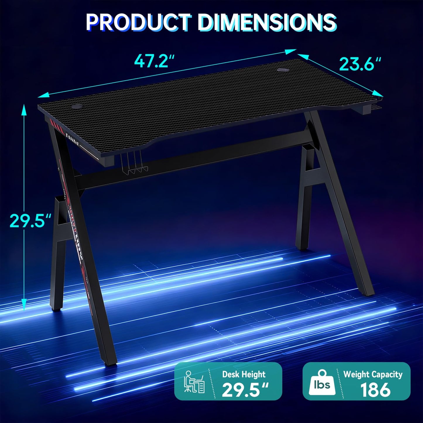 BestOffice | 47" Gaming Desk | Black & Red | Carbon Fiber Textured Computer Desk | Sturdy Steel Frame,Cup Holder, Headphone Hook, Cable Management Holes, Adjustable Leg Pads | for Gamers,Home,Office