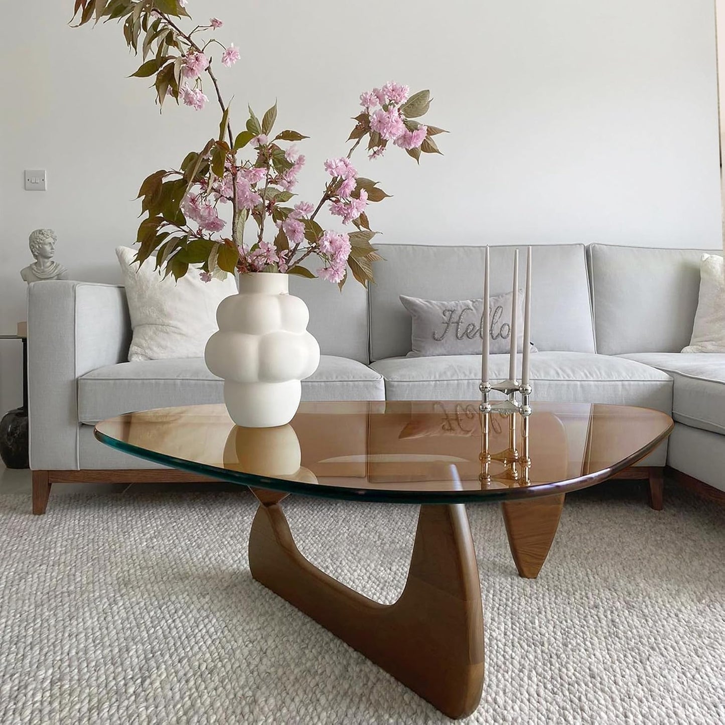 Glass Coffee Table, Triangle Coffee Table for Small Space, 35.8" Mid Century Modern Center Tables w/Tempered Glass Tabletop & Solid Legs, for Living Room Home Office, Unique