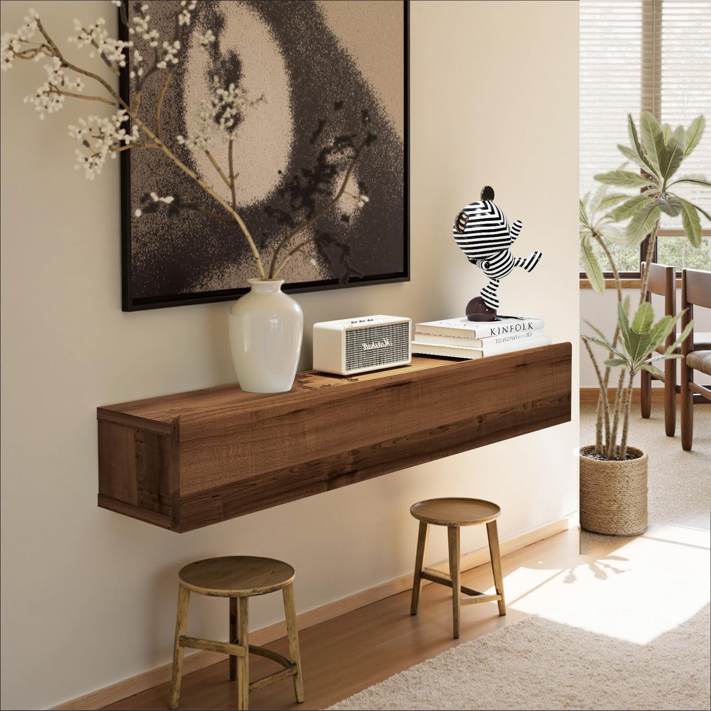 TuckTect Floating Solid Wood Console Table, 32'' Wall Mounted Narrow Entryway Table with Storage Shelf, Modern Couch Shelves Small Entry Way Tables for Entryway, Front Hall, Hallway (Walnut, 31.5IN)