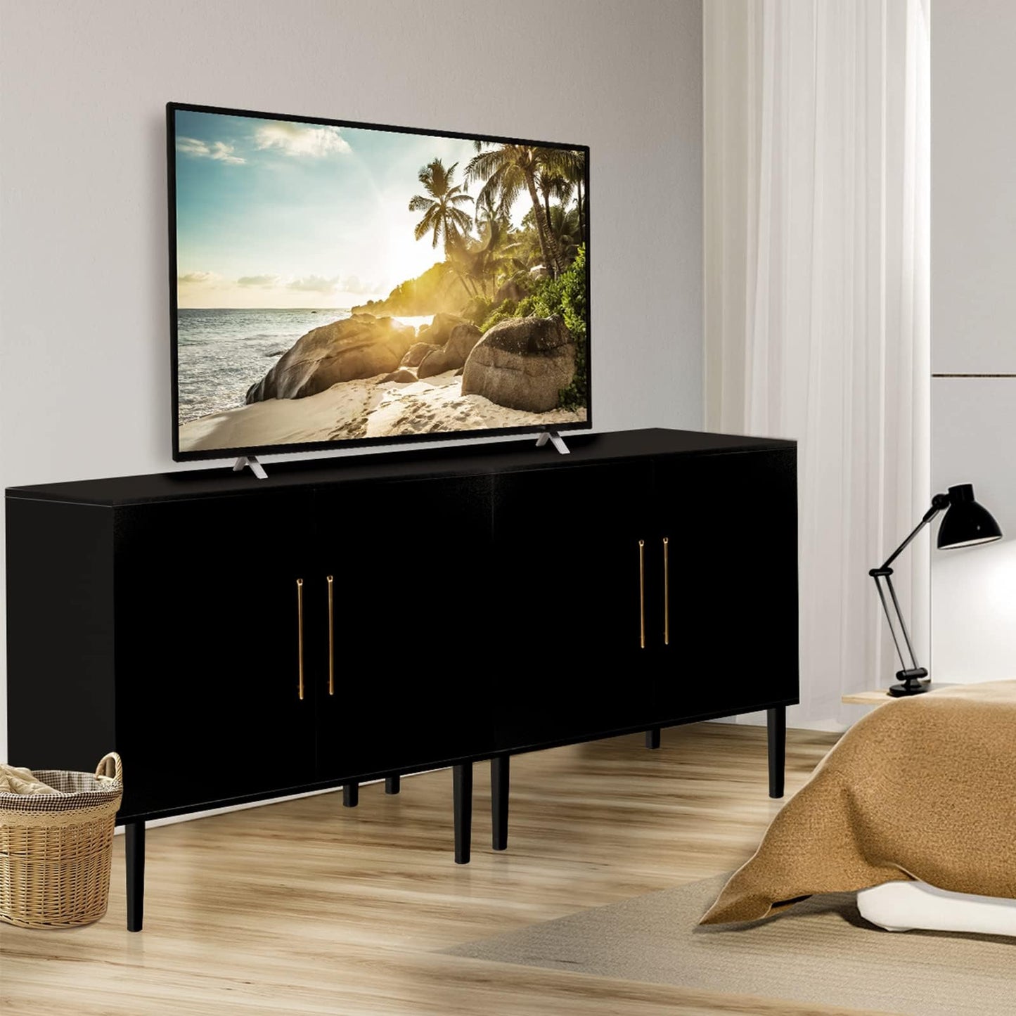 REHOOPEX Set of 2 Storage Cabinet with Doors, Modern Black Accent Cabinet, Free Standing Cabinet, Wooden Buffet Sideboards for Living Room, Kitchen, Home Office