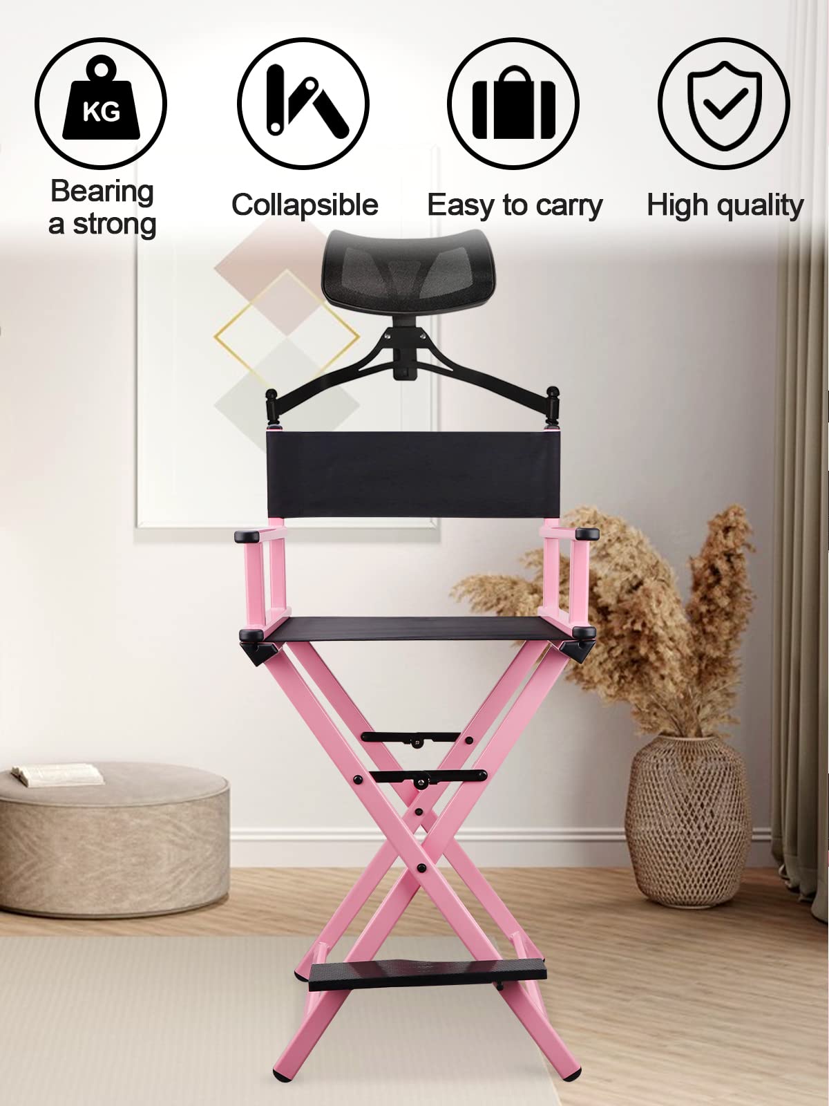 Lorvain Pink Foldable Makeup Artist Stool Chair, Aluminum Makeup Chair with Head Rest for Studio Salon Vanity, Bar Height
