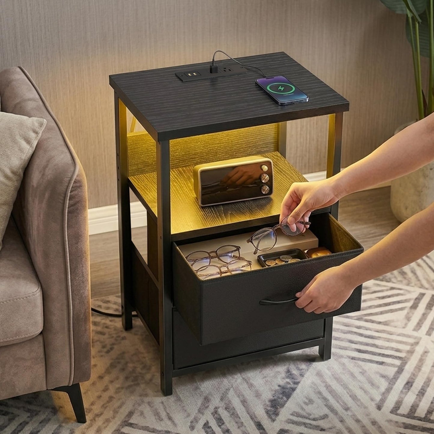 Fixwal Night Stand with Charging Station, LED Nightstand with U-S-B Ports and Outlets for Small Spaces, 2 Fabric Storage Drawers, Bedside Table End Tables Bedroom Decor, Modern Black