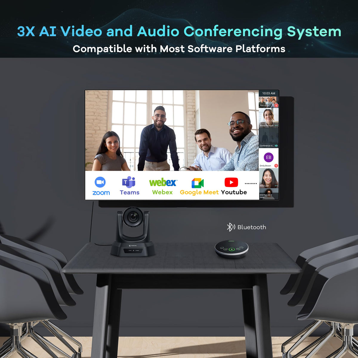 TONGVEO AI Auto-Tracking PTZ Conference Camera System with Bluetooth Microphones, 3X Optical Zoom USB3.0 1080P 60fps, 93° Wide-Angle All-in-One Video Conference Solution for Church & Office