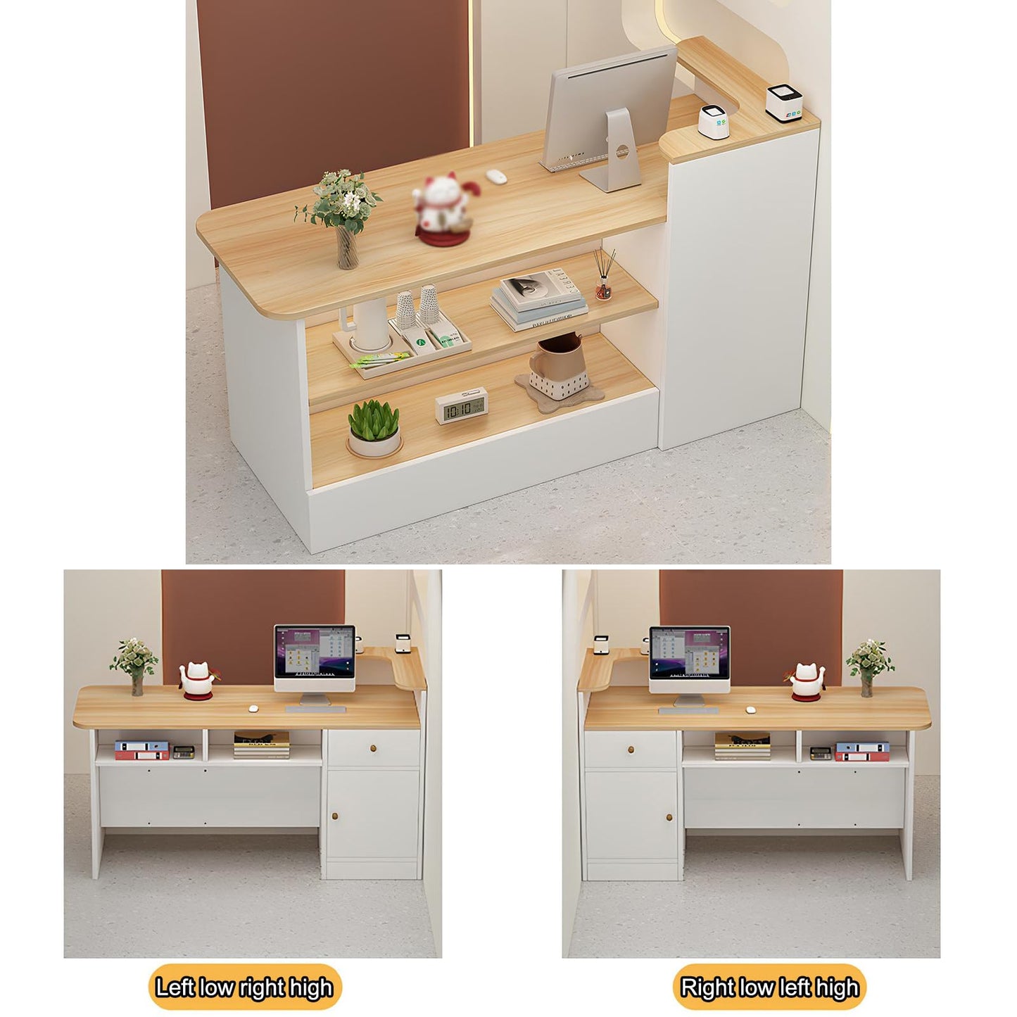 L Shaped Reception Desk - Modern Wooden Checkout Counter with Open Shelves and Drawers for Office, Hotel, Store, or Beauty Salon