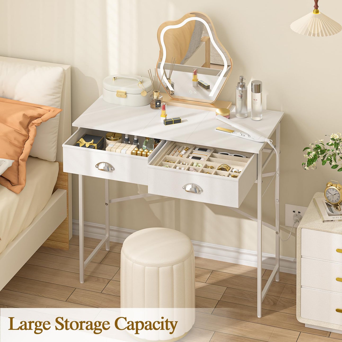 ThreeHio Small Vanity Desk No Mirror for Kids Bedroom, 31.5 Inch Vanity Table with Drawers, Makeup Vanity Desk for Narrow Spaces, White Dreessing Table(No Mirror)