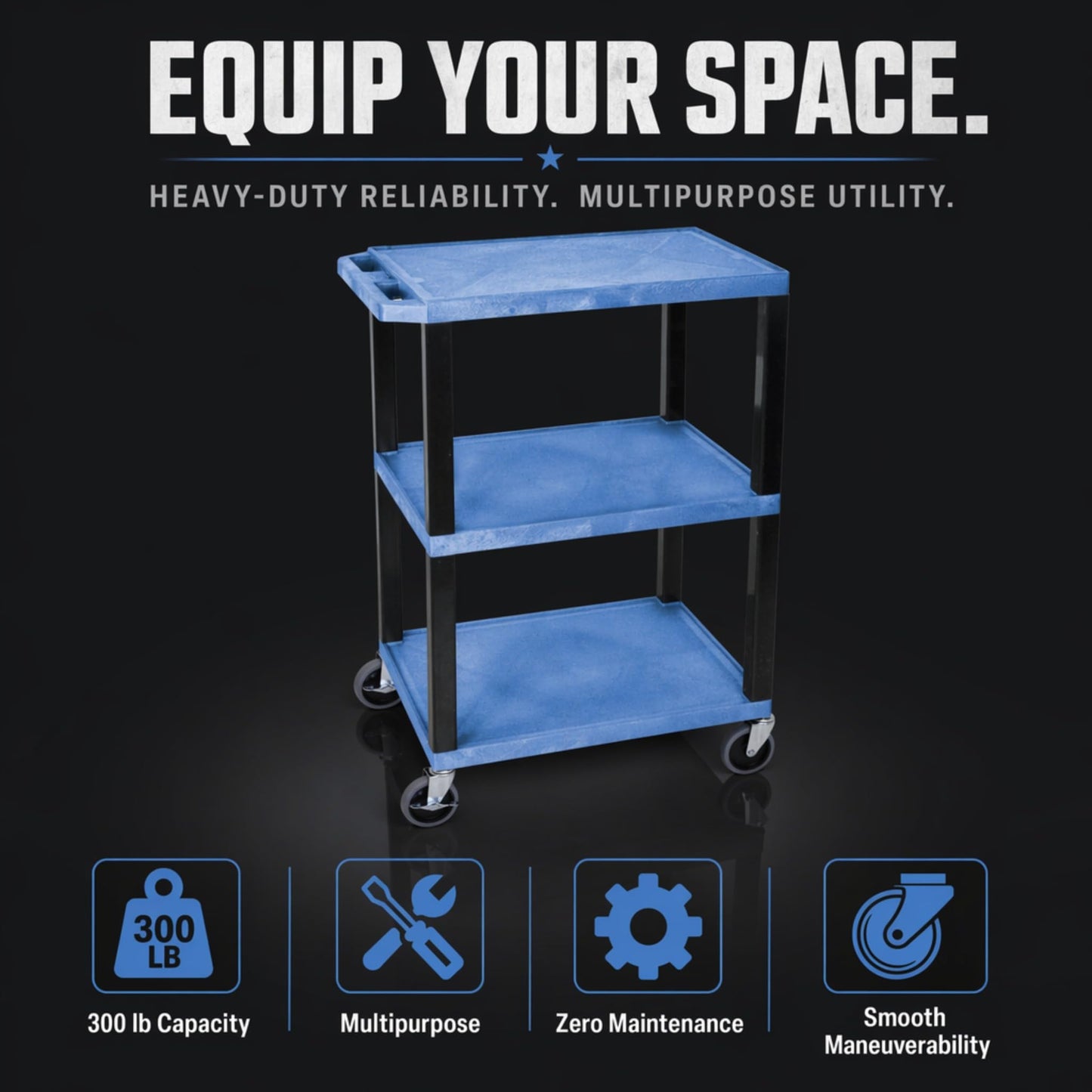 Classroom Basics WT34BUS Utility Cart, 3-Shelf Multipurpose Service Cart, 24" W x 18" D x 34" H, 300 lb Capacity, Molded Plastic with Ergonomic Handle, Flat Shelves, Blue Shelf and Black Leg