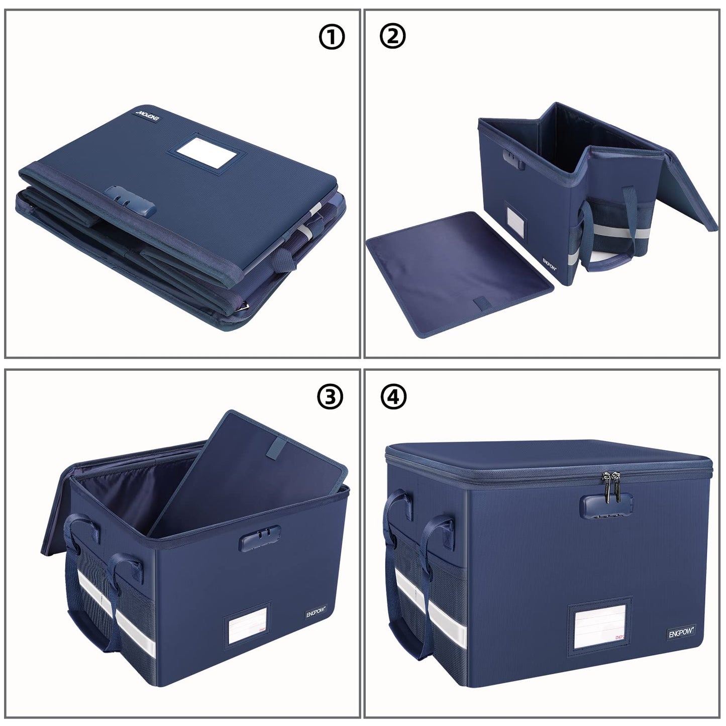 ENGPOW File Box with Lock, Fireproof Document Box with Zipper&Pockets, Collapsible File Organizer Filing Storage Cabinet with Handle, Portable Home Office Safe for Hanging Letter/Legal Folder, Blue