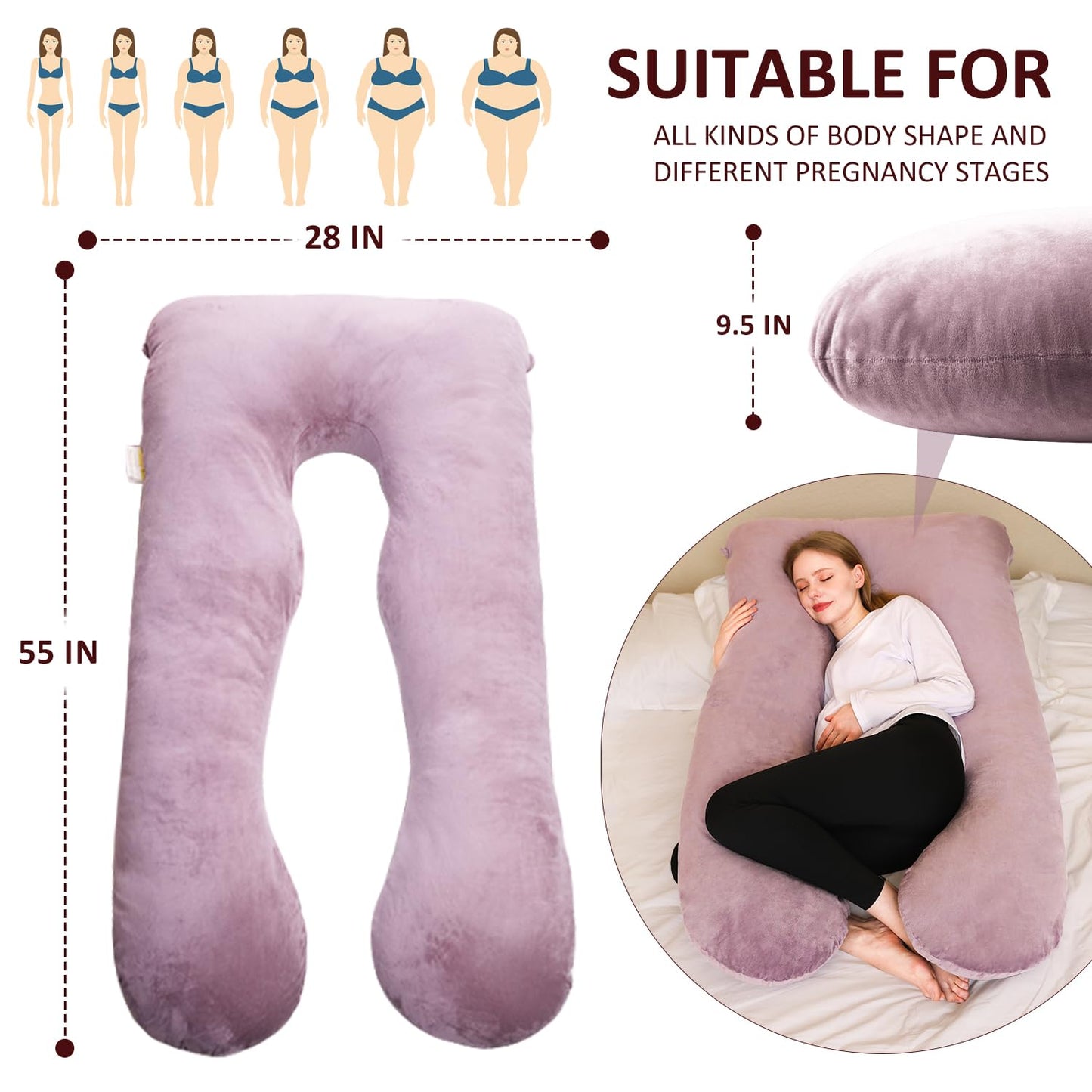 Chilling Home Pregnancy Pillow, U Shape Pregnancy Pillows for Sleeping, 55in Body Pillow for Sleeping, Body Pillows for Adults, Maternity Pillow, Velvet Removable Cover, Pink