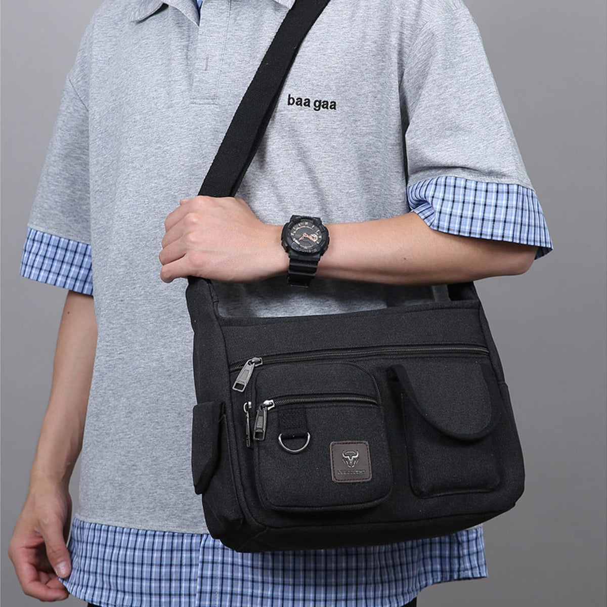 LEBULLBRO Canvas Shoulder Bag for Mens Multi-pockets 13 inch Laptop Messenger Bag Sling Bags School Crossbody Bags Travel (Black)