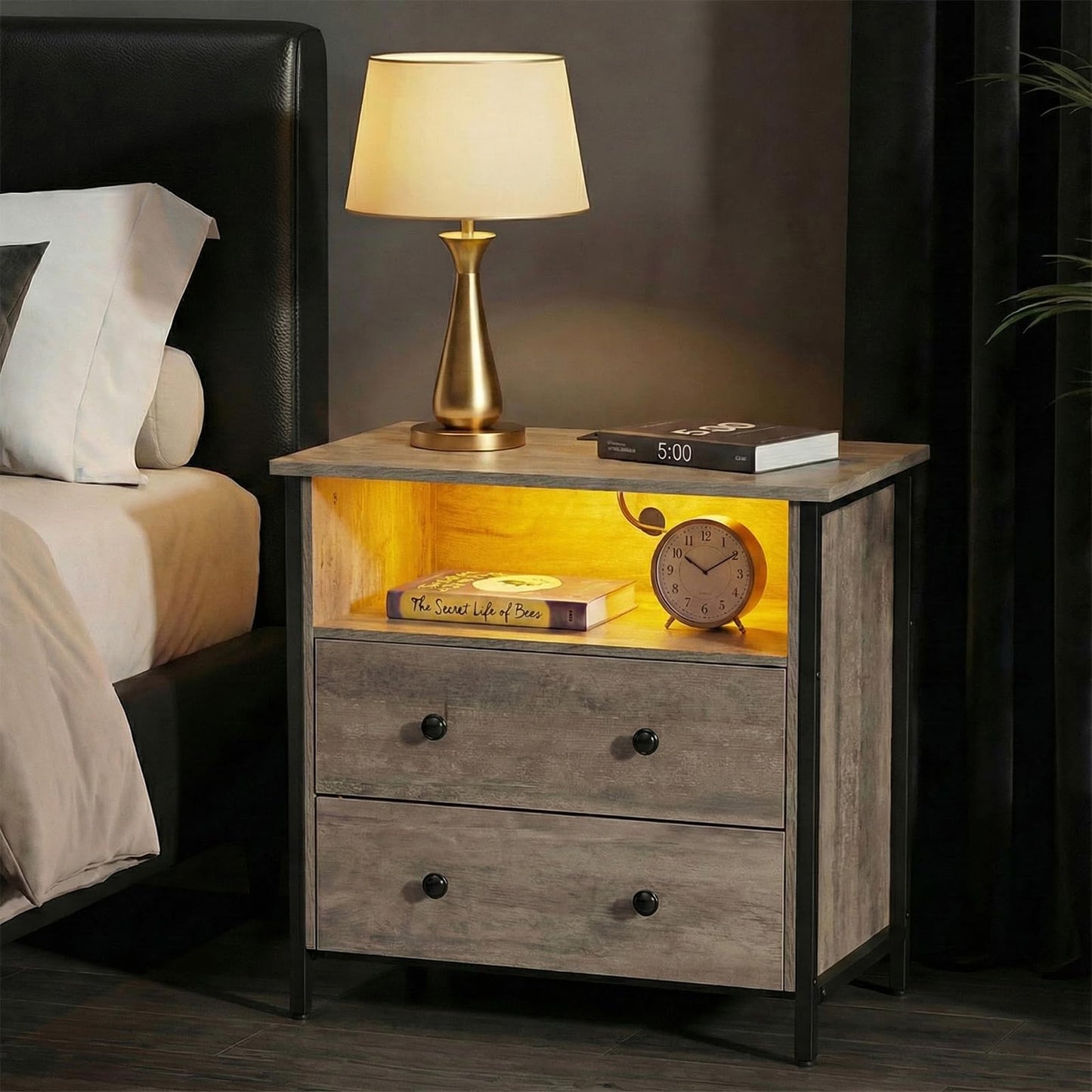 Tykacna 27 Inch Wide Night Stand, Lrage Wood Night Stand Set 2 with 2 Drawers, LED Nightstand with Charging Station and Adjustable Drawer, Bedside Table for Living Room/Bedroom/Study/Office, Gray.