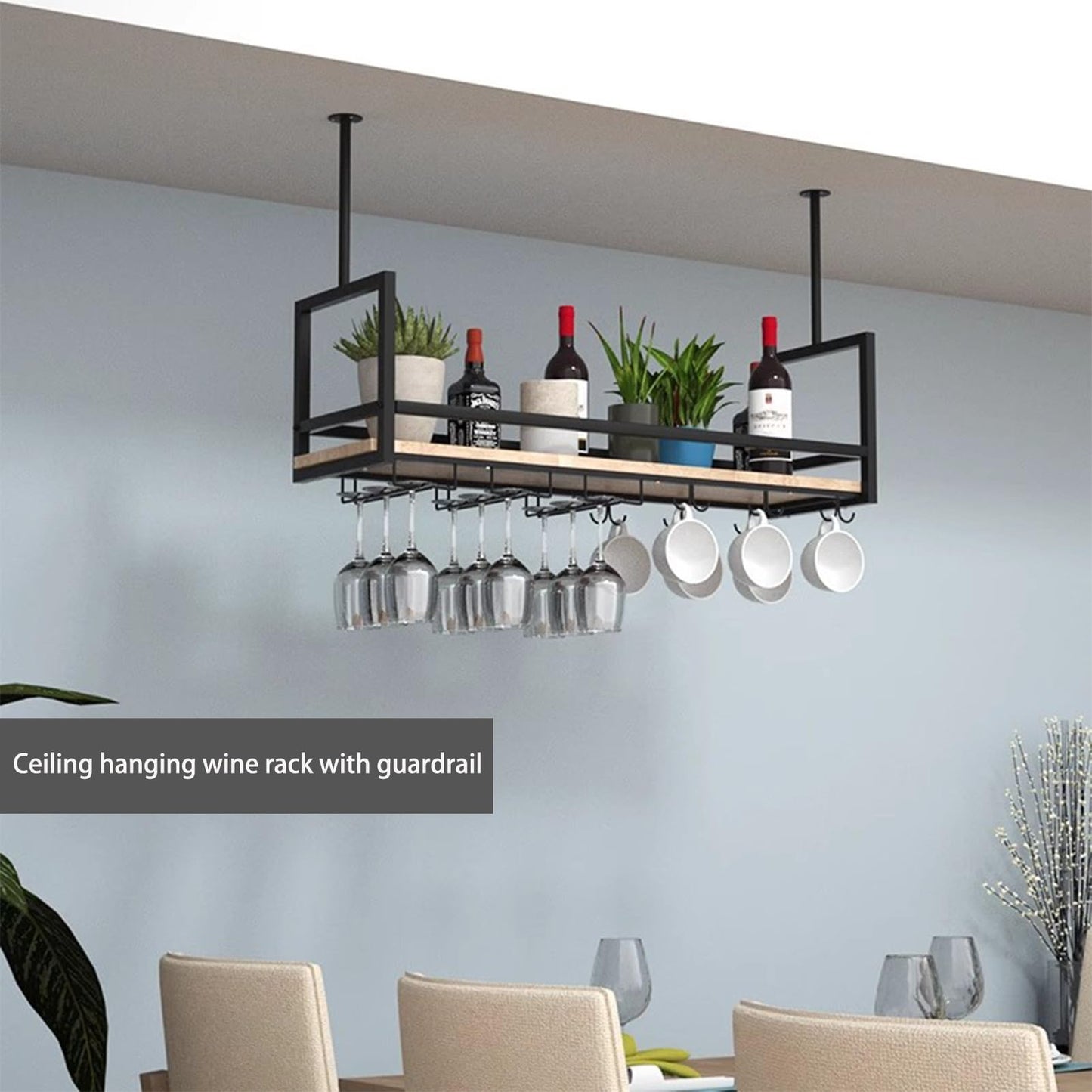 GYRHNNP Wall Mounted Wine Glass Holder - Metal Ceiling Hanging Wine Rack & Floating Bottle Shelf for Kitchen, Bar, Cafe - Stylish Storage Solution (Size: 100x30x60cm)