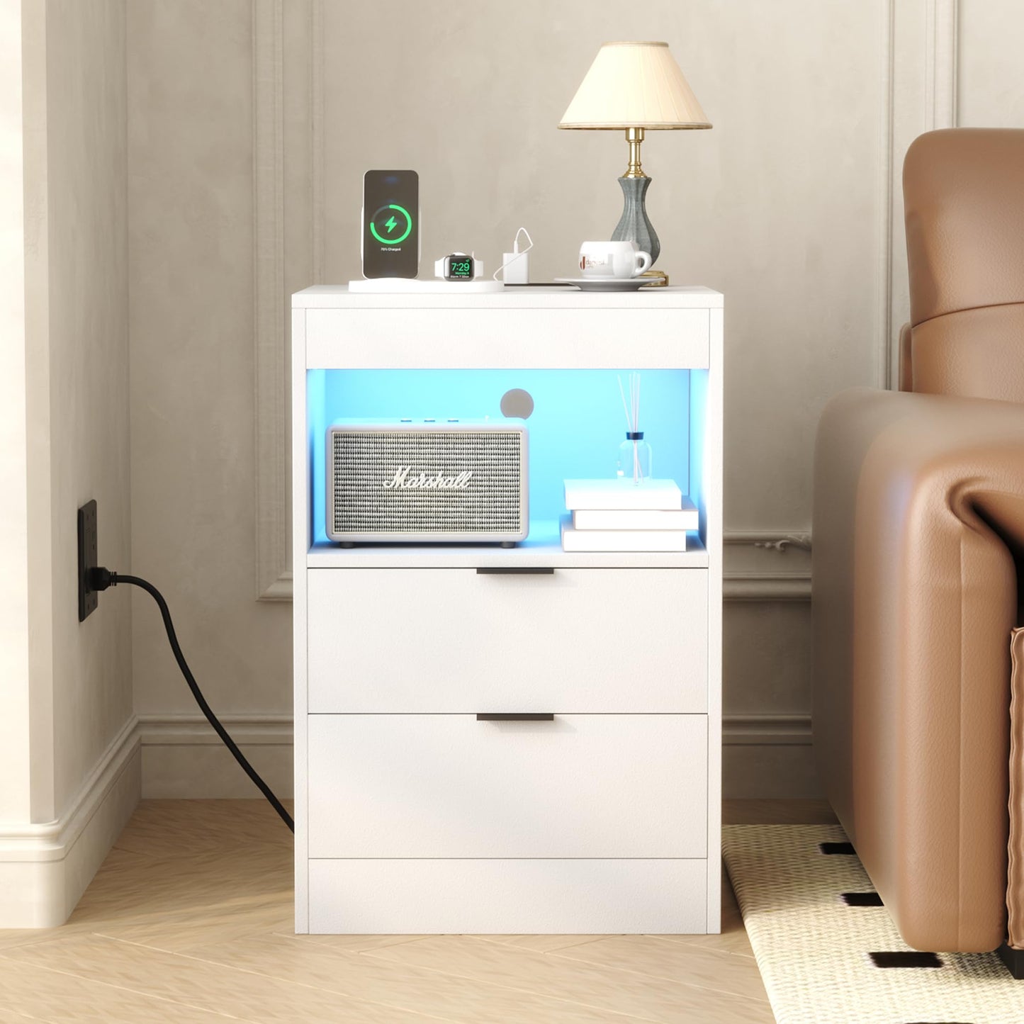 Yusong Night Stand, Bedside Table, LED Nightstand with Charging Station, Modern Night Stand, Wood Sofa Couch End Side Table with 2 Pull-Out Shelf (White 001)
