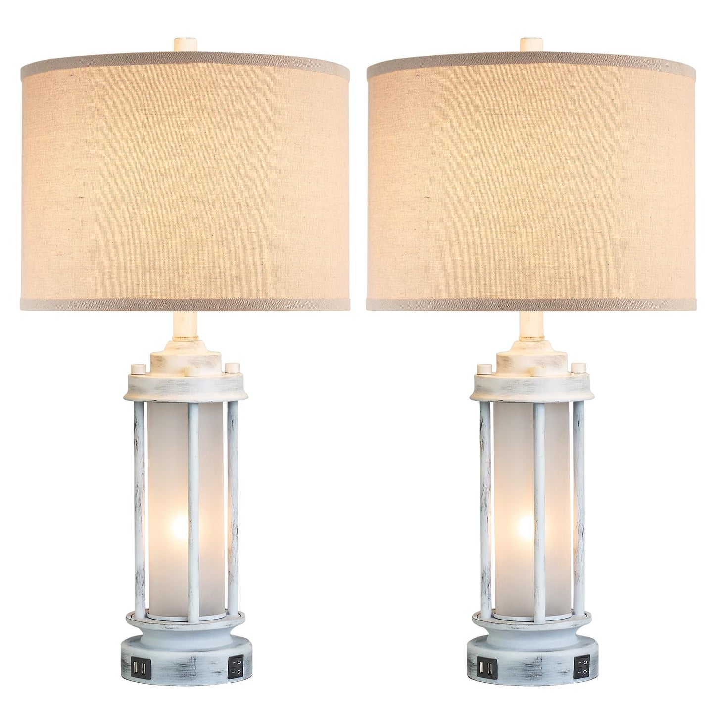 AIEAMPDO 25" Set of 2 Antique White Rustic Table Lamps 2 USB C+A Ports