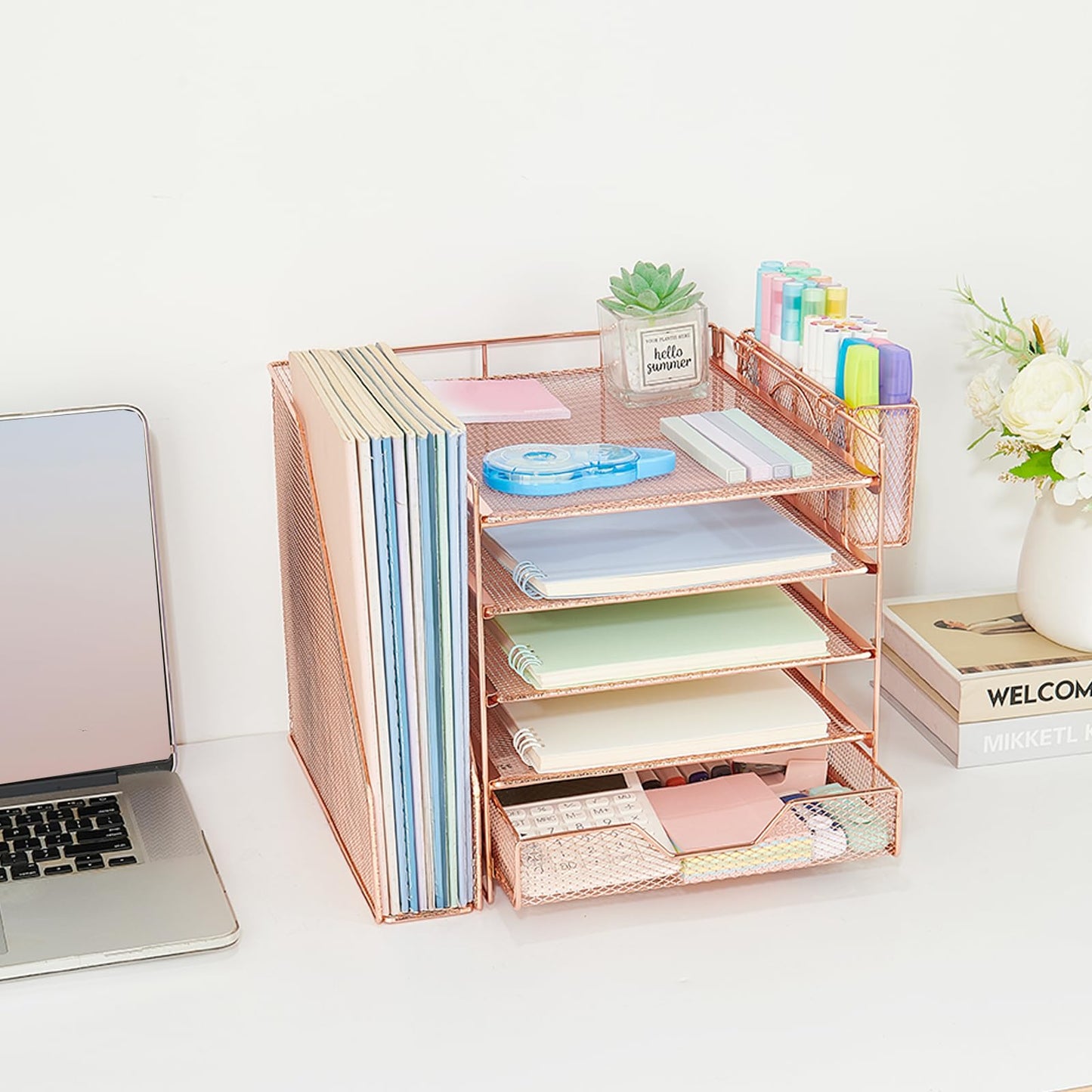 Gugsey Desk Organizers and Accessories, 5-Tier Paper Letter Tray Organizer with File Holder, Drawer & Pen Holder, Office Desk Accessories, Desktop Organizer for Classroom Office Supplies, Rose Gold