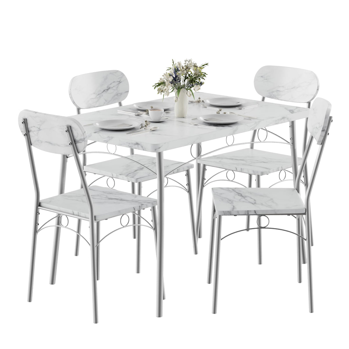 VECELO Dining Table Set for 4, 5-Piece Kitchen Table with 4 Chairs, MDF Board Tabletop with Metal Frame for Small Space, Compact Dinette, Breakfast Nook, Marble White