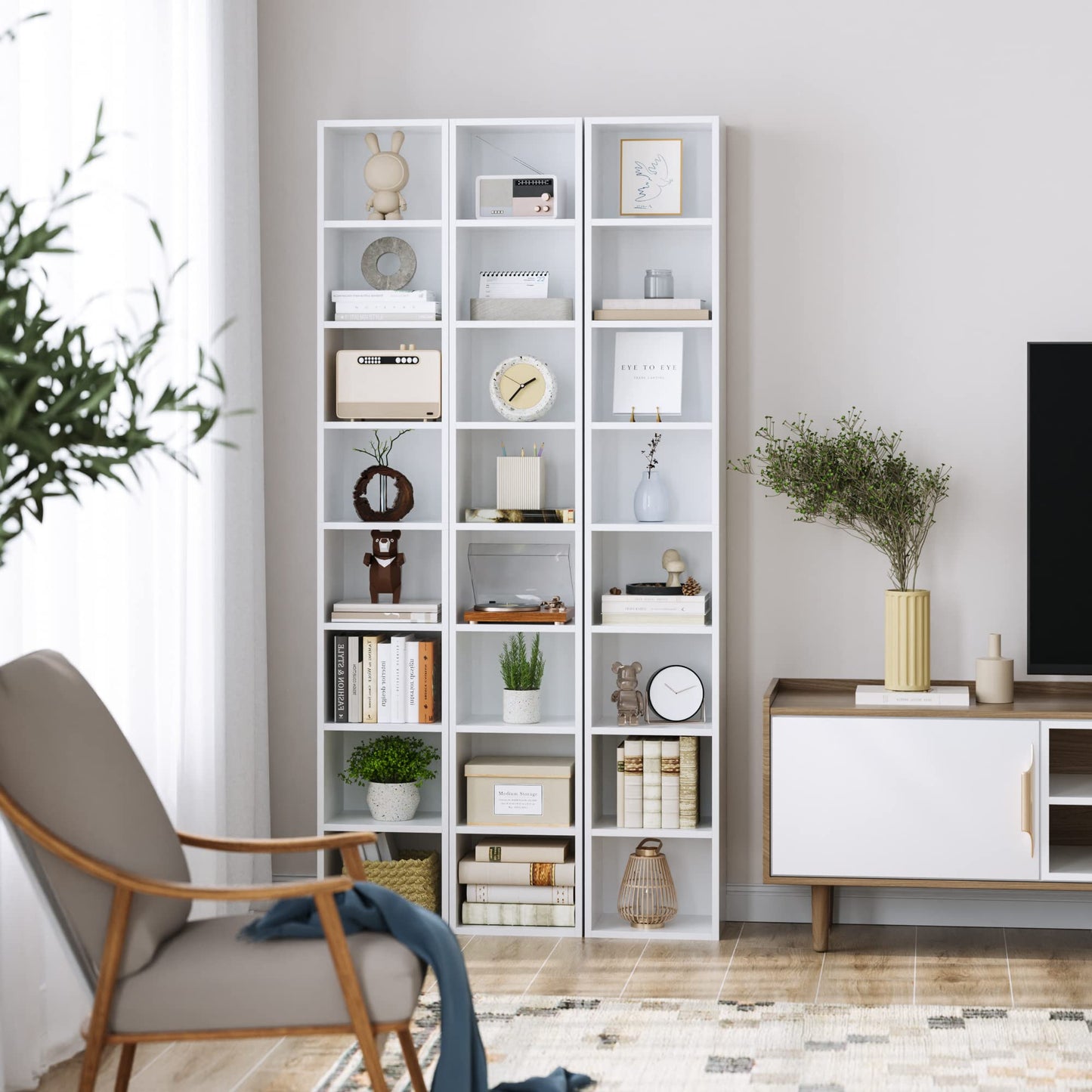 FOTOSOK White Bookshelf 8-Tier Narrow Bookshelf, 11.6 X 9.3 X 70.9 Tall CD DVD Media Tower Rack with 4 Adjustable Shelves, Tall Narrow Bookcase Slim Display Bookshelf with Cube Storage for Home Office