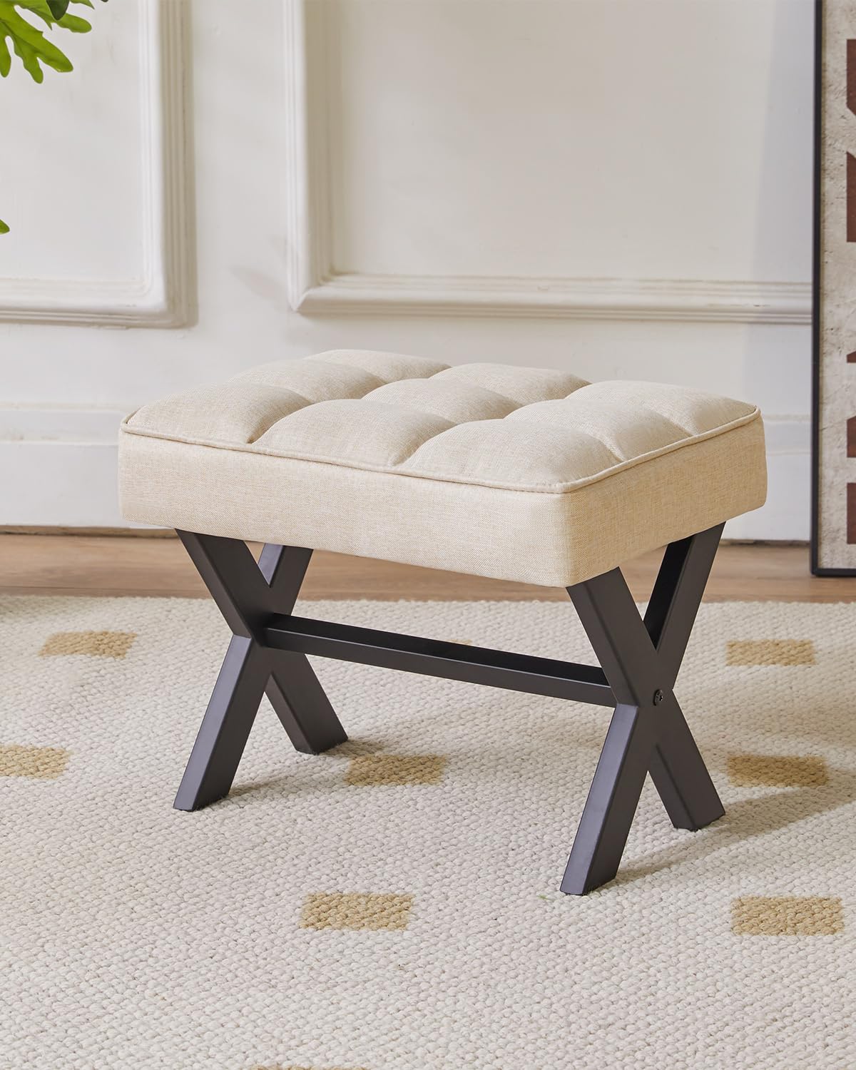 IBUYKE Small 12" H Footrest Stool, Square Linen Foot Stool with Metal X-Leg, Multi-Use as Small Side Table, Step Stool for Living Room, Bedroom, Entryway, Office, Linen WBD011Y