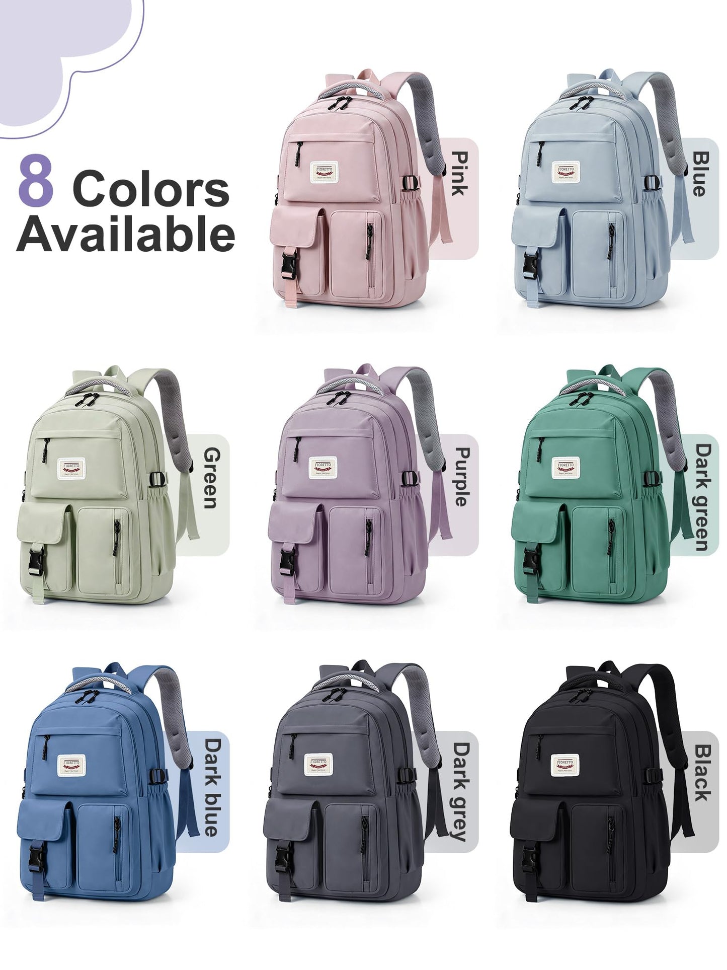 FIORETTO School Backpack for Teen Girls & Women with Compartment, Lightweight School Bag Bookbag with Multiple Pockets, Ideal for Middle High School, College, Travel, Purple 25L
