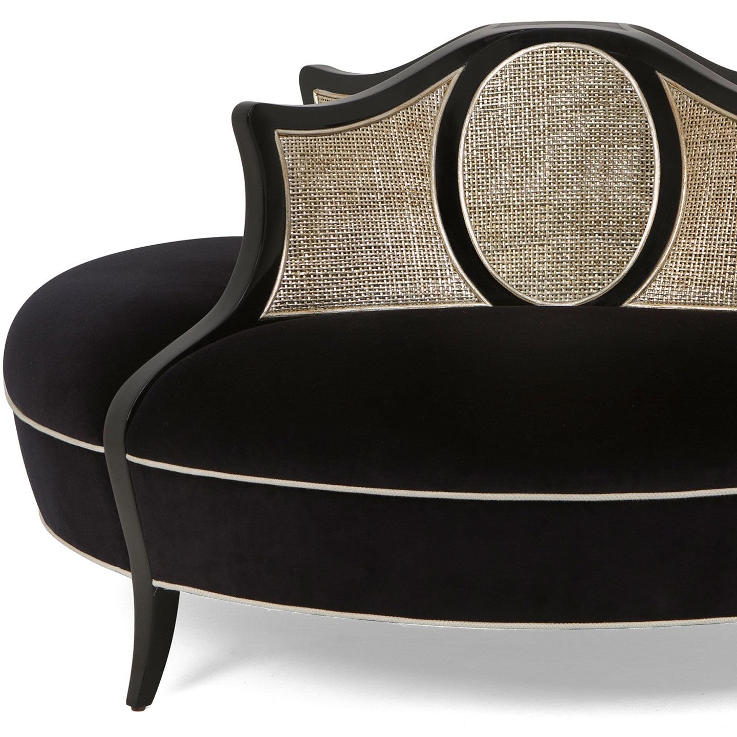 EDLME Luxury Round Velvet Sofa with Handwoven Rattan Backrest, Vintage French American Style Curved Conversation Couch for Living Room, Hotel Lobby, Lounge and Reception Area