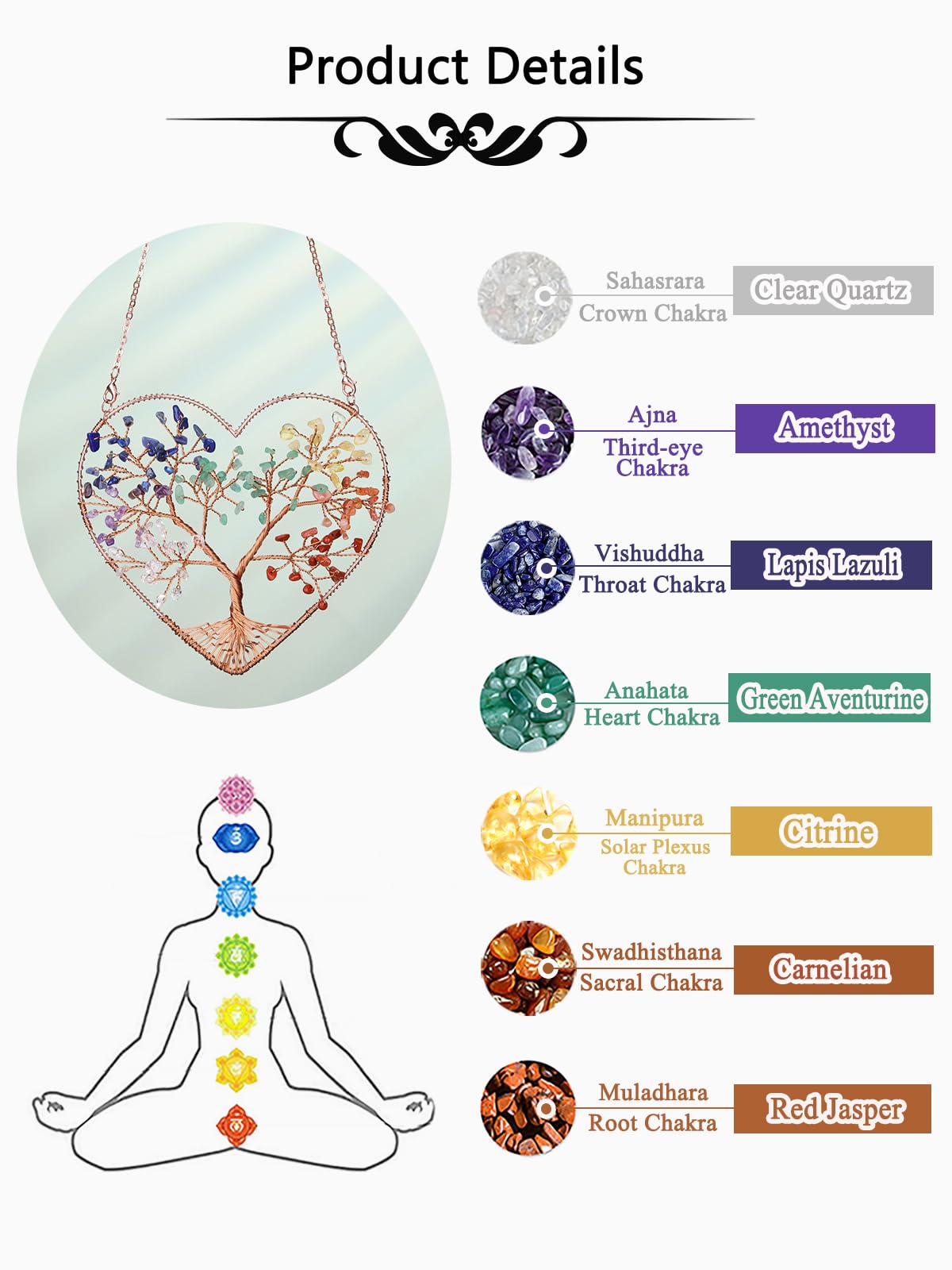 CrystalTears Chakra Crystal Tree Life Heart Hanging Ornament for Home Wall Window Room Decor, Healing Crystals Gemstone Wall Hanger, Positive Crystal Gifts for Women Mom Birthday Christmas
