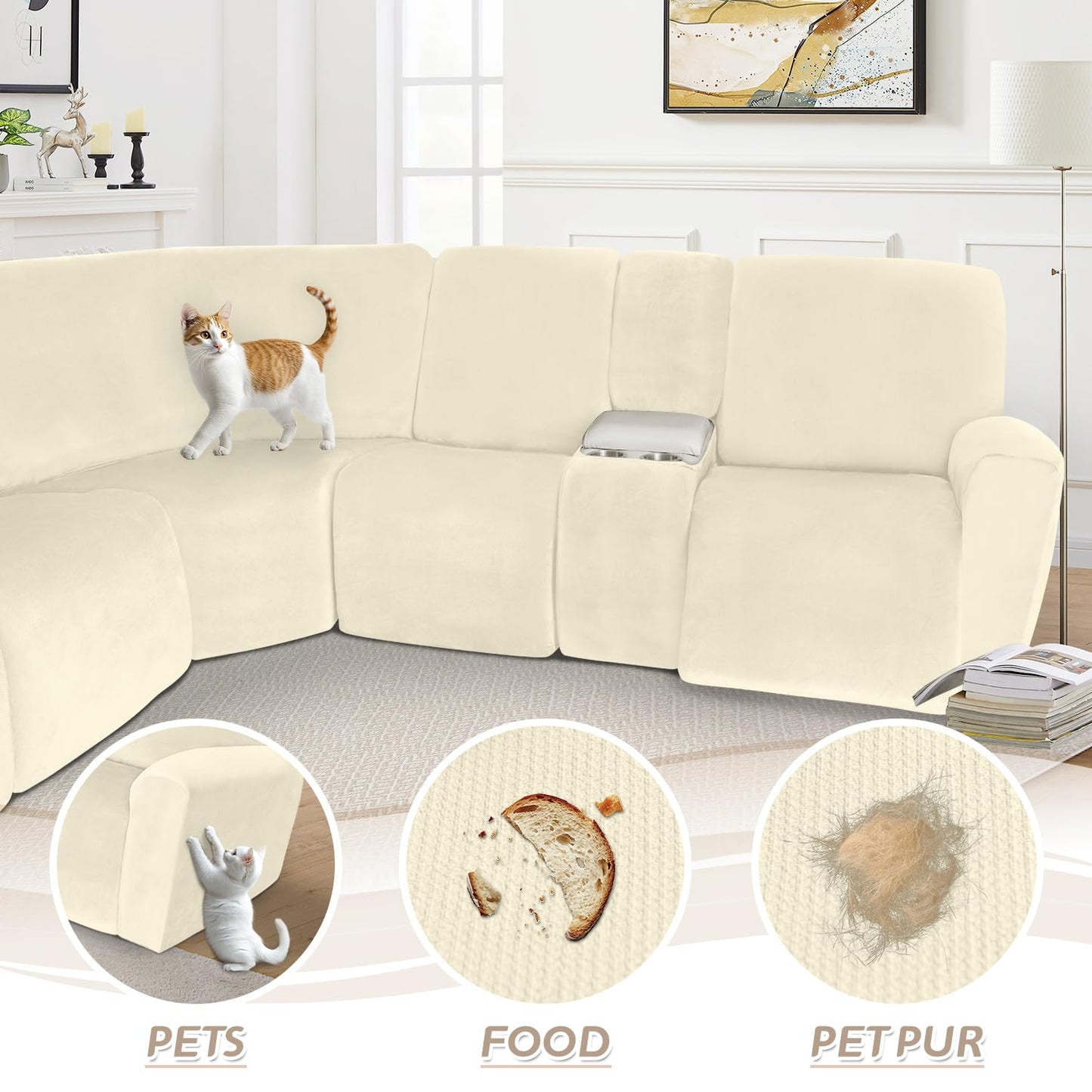 Arfntevss Sectional Recliner Couch Covers Velvet Washable Corner Sectional Sofa Cover for Reclining Stretch Soft Thick L Shape Recliner Slipcover Set (5 Seat with 1 Console Cover, Beige)