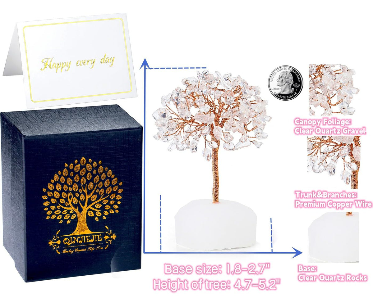 QINJIEJIE Clear Quartz Healing Crystal Tree Decor Natural Stone Gemstone Room Office Desk Small Shelf Decor White Crystal Base Copper Wire Money Tree of Life Spiritual Yoga Gift for Women Men