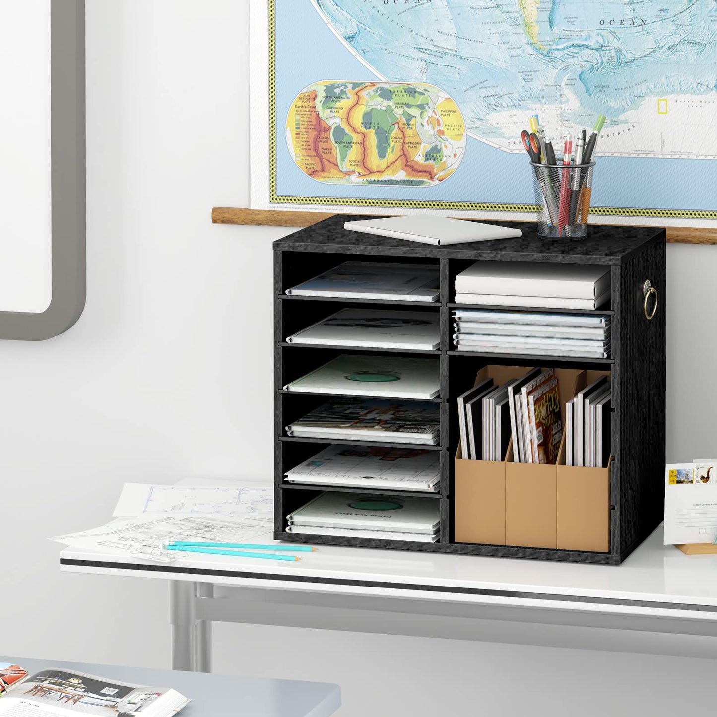 HOOBRO Literature Organizers, 12 Compartments Office Mailbox with Adjustable Shelves, Wood Countertop Literature Sorter for Office, Home, Classroom, Mailrooms Organization Black BK12WF01