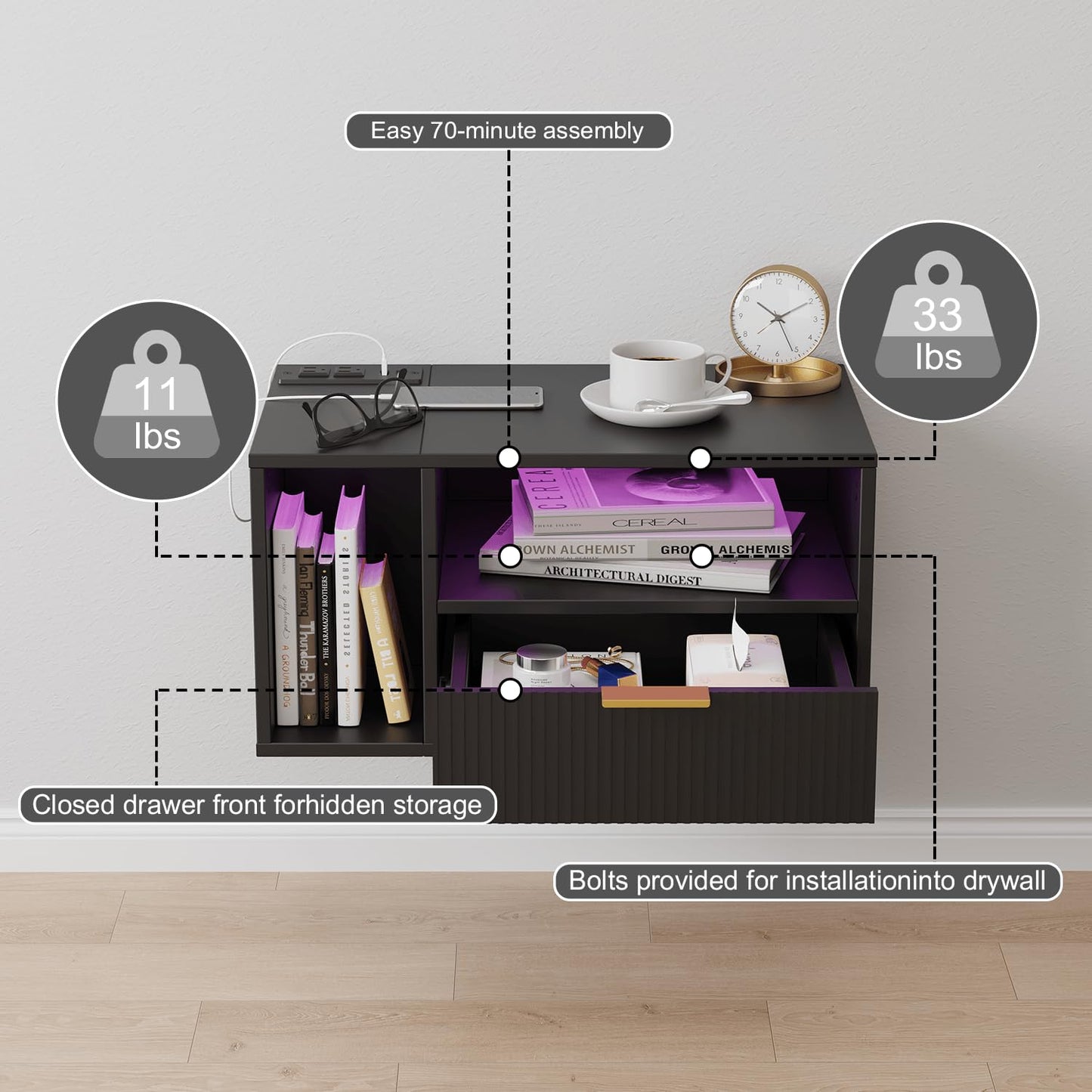 Veegle Black Floating Nightstand with Charging Station and LED Lights,Black