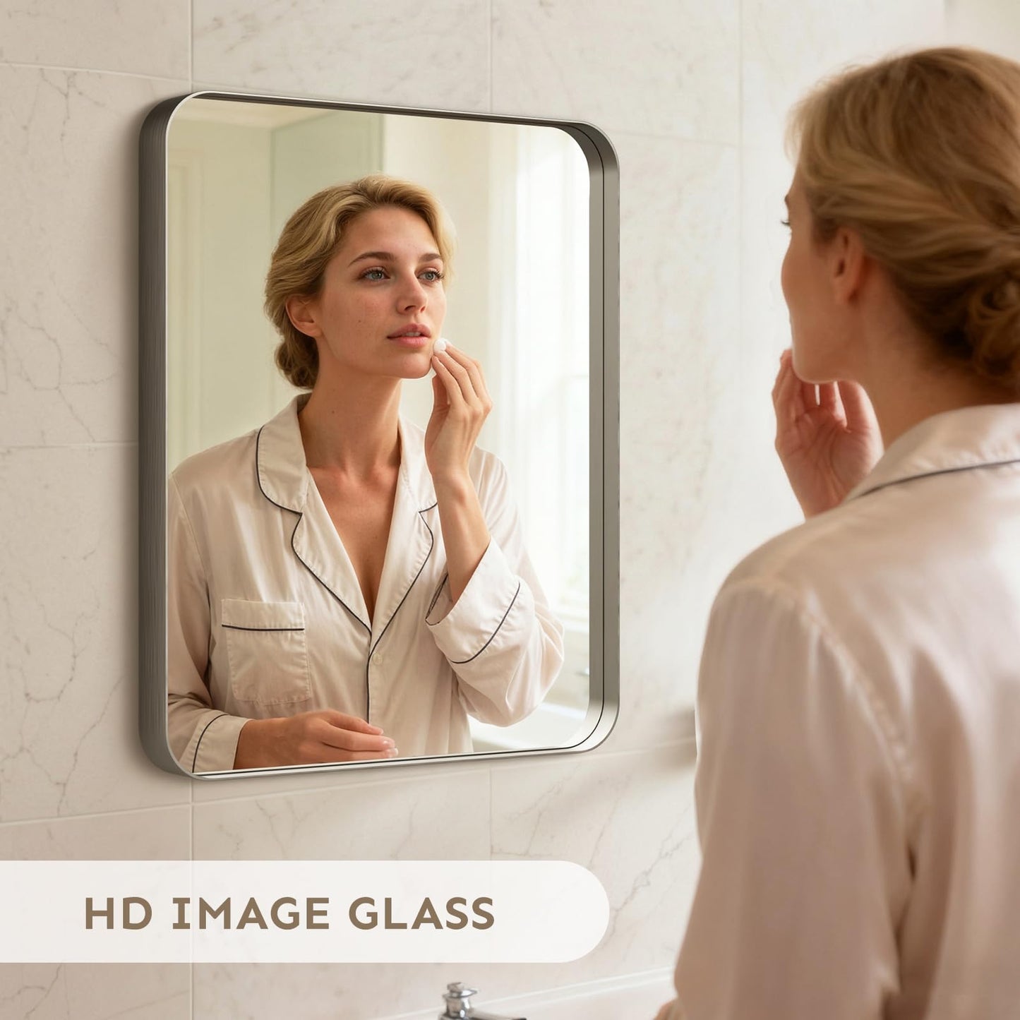 Kosmonia 20"x16" Bathroom Mirror, Brushed Nickel Rounded Rectangle Vanity Mirror, Anti-Rust Aluminum Framed, Wall Mounted Mirror for Over Sink, Hangs Horizontally or Vertically