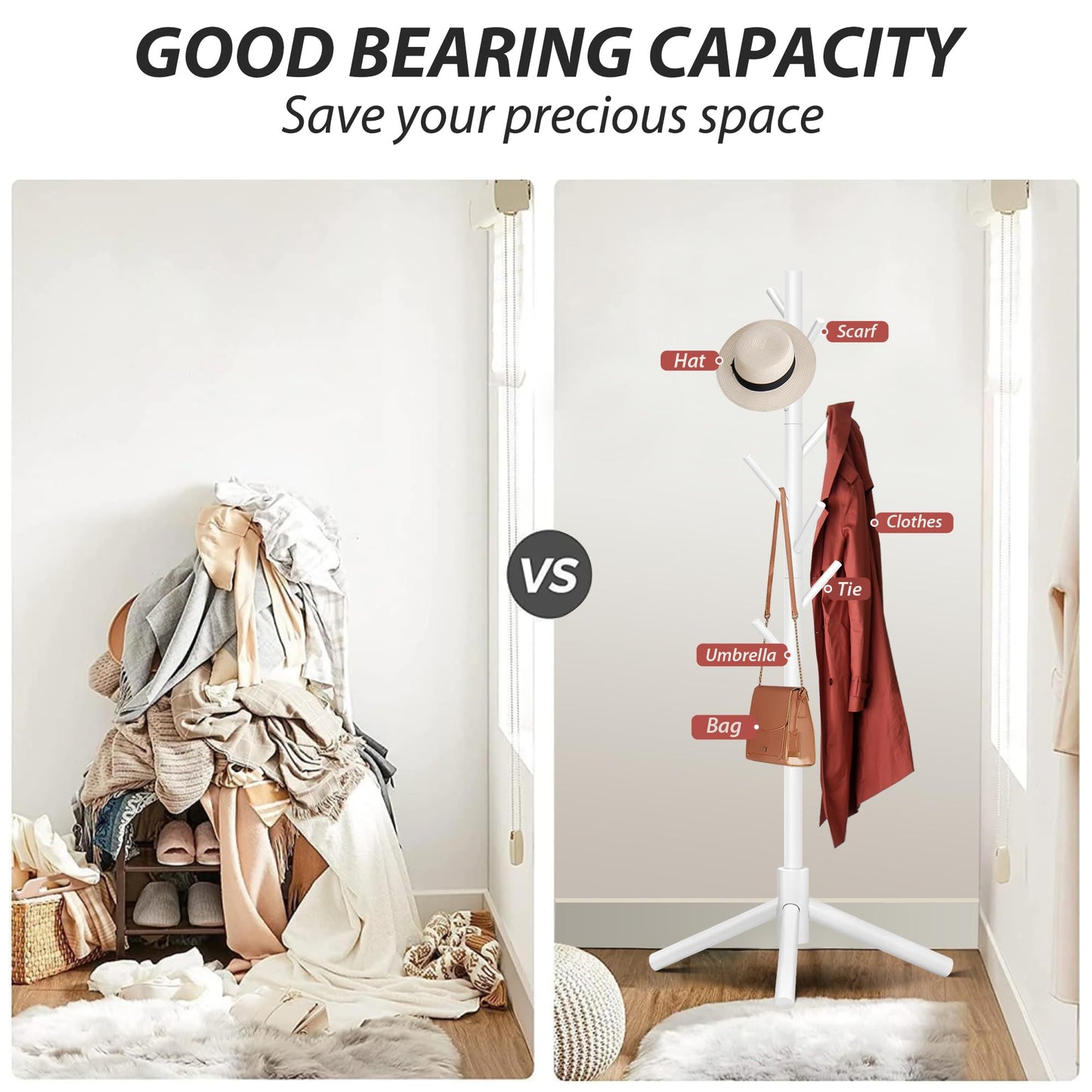 Unisakey Durable Wooden Coat Rack, Freestanding Coat Rack with Stable Triangular Base, 8 Hooks & 3 Adjustable Heights, Simple Assembly for Bedroom, Hallway, Office(New White)
