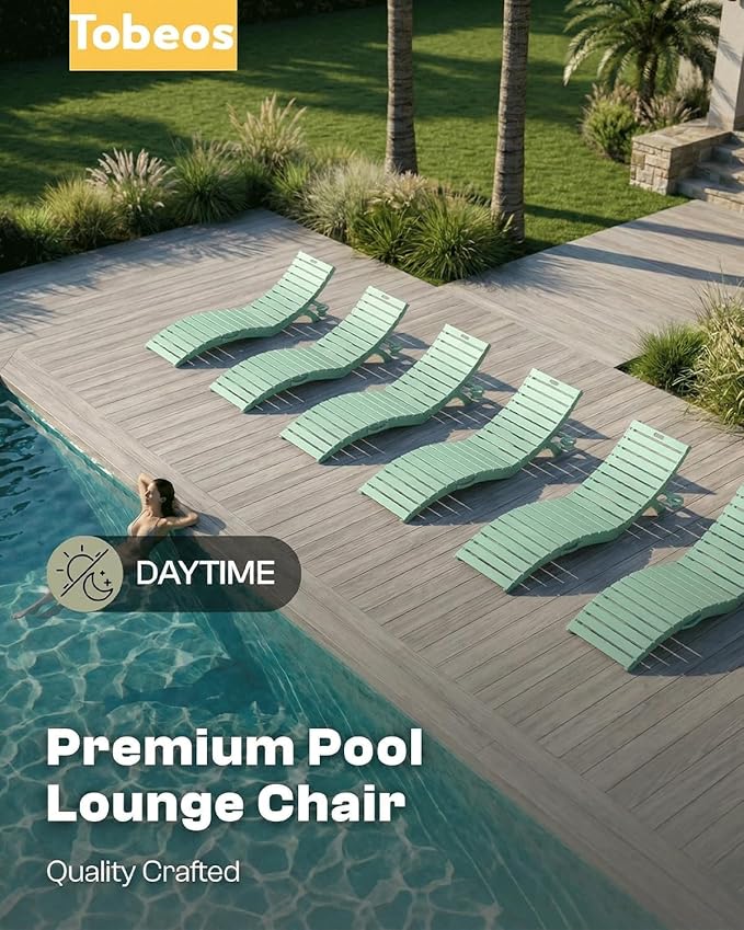Folding HDPE Pool Lounge Chairs Set of 6, Pre-Assembled Outdoor Chaise Lounge