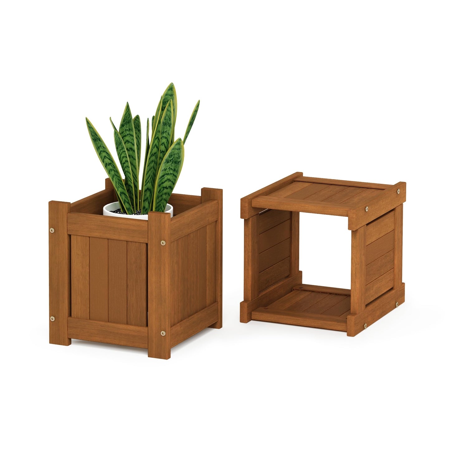 Furinno TIOMAN Mini Planter Box with Bench, Hardwood Flower Box with Seat, Cube Garden Box, in Teak Oil, Outdoor Indoor, Garden, Patio, Balcony, Light Wood