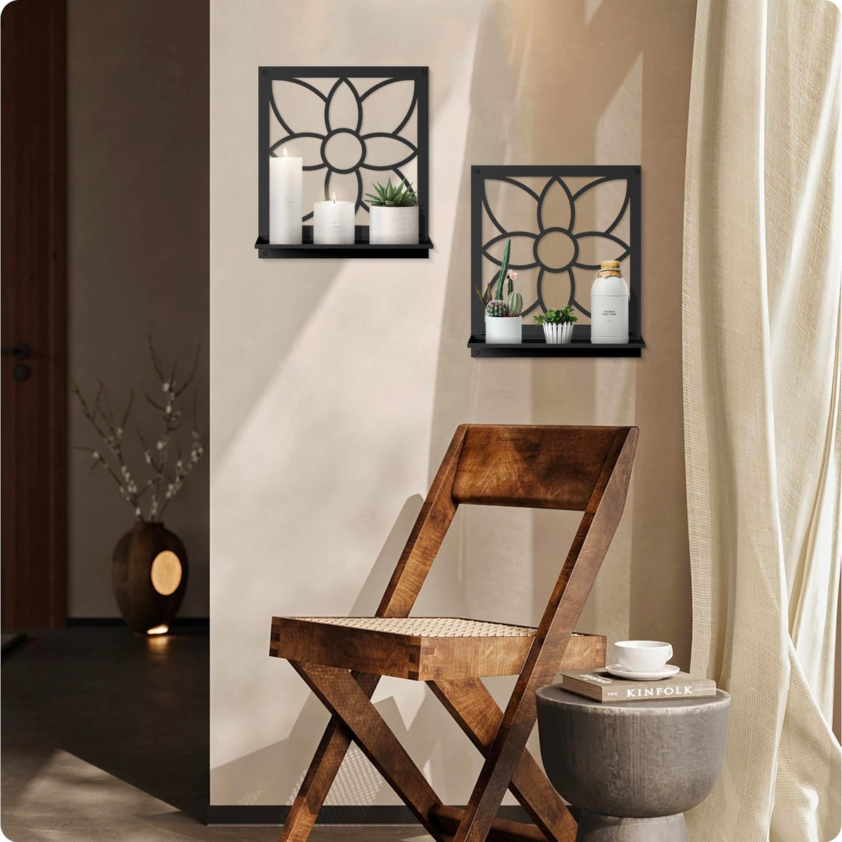 Flower Candle Wall Sconce, Retro Bathroom Wall Decor, Black Minimalism Wall Art for Living Room Bedroom Bathroom (2 Pack 11.8 x 13 in)