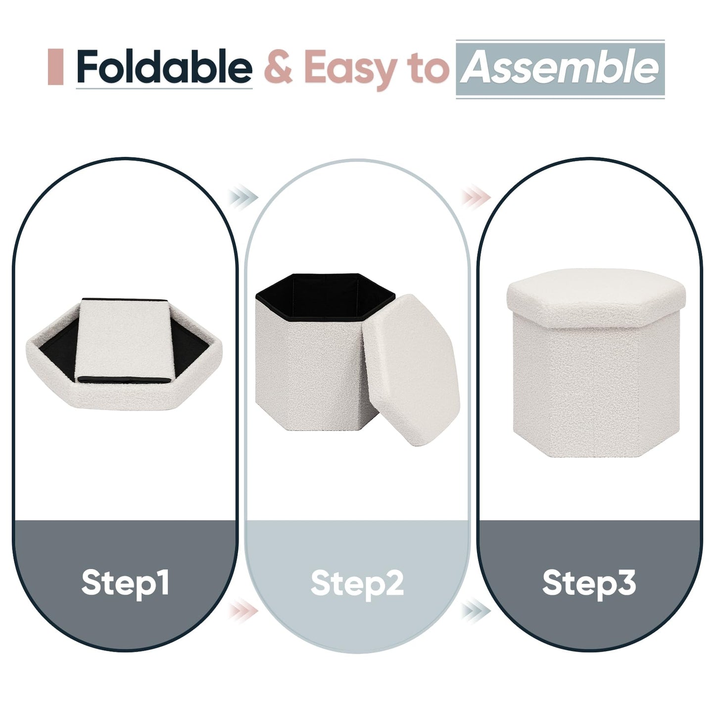 ZOLANOful Hexagon Storage Ottoman, Foldable Boucle Footrest with Hidden Storage, Upholstered Ottoman Footstool for Living Room, Bedroom, Dorm, Entryway, 15 x 16.9 x 15 Inches, White