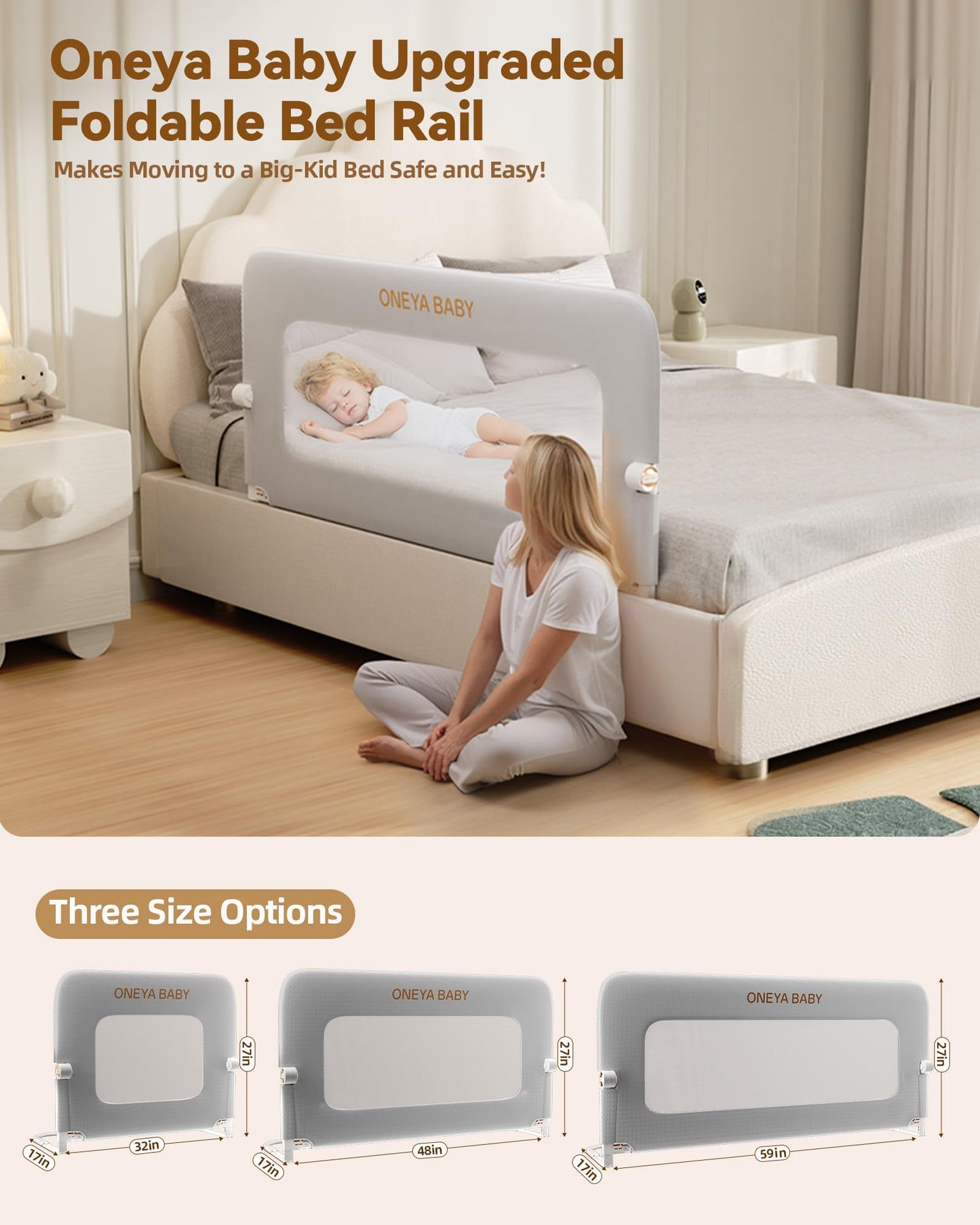 Baby Bed Rail Guard, 59in Thickened Toddler Bed Rail for Toddlers, Extral Tall Swing Down Kids Child Safety Side Railing Guards/Rails for Twin, Full, Queen, King Bunk Size Bed, White/Grey, 27”H