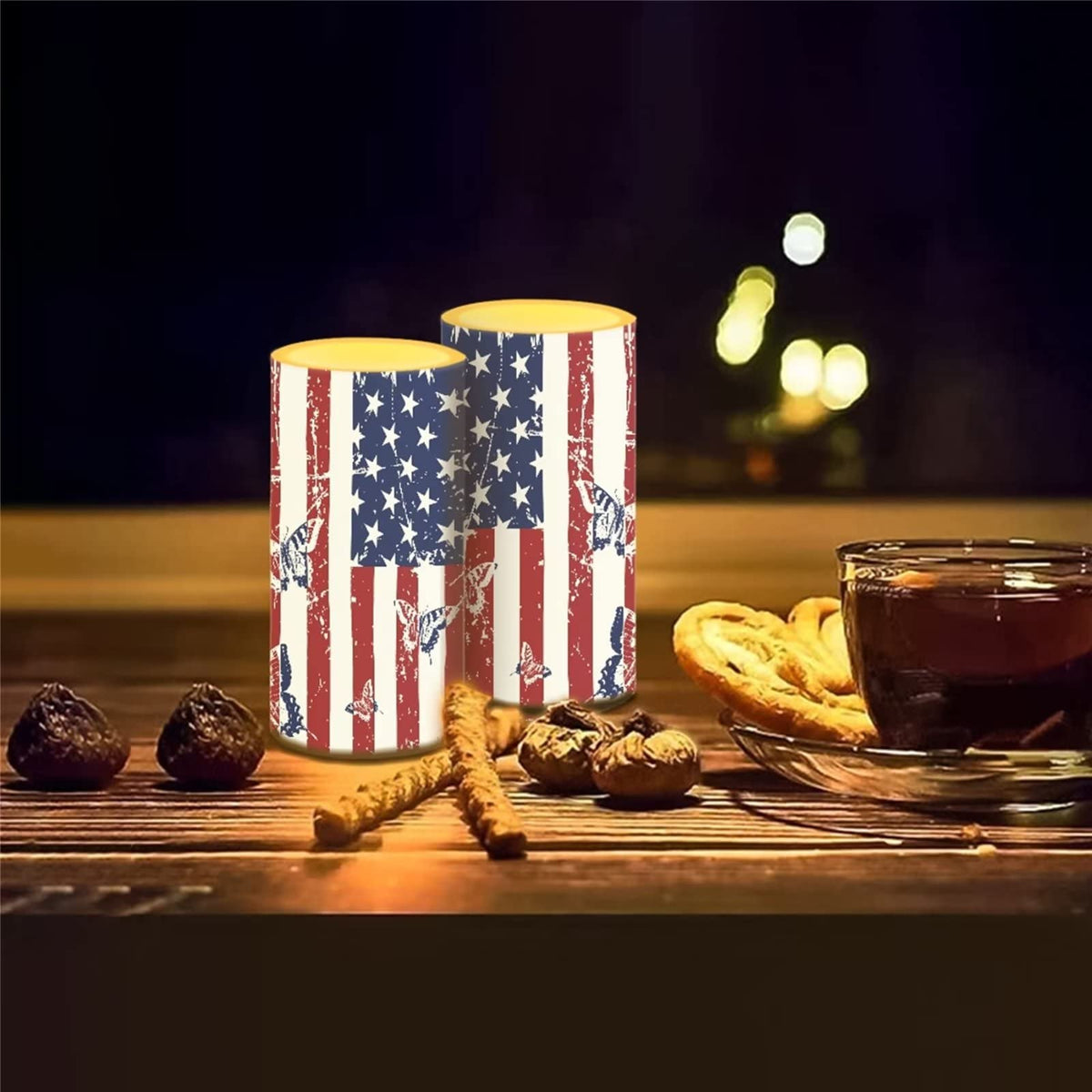 Cozeyat US Flag Print Flameless Candles 2 Pieces Tealights Battery Operated,Flickering Realistic Votive Tea Lights Moving Wax Pillar Electric Candles for Parties,Home Decoration