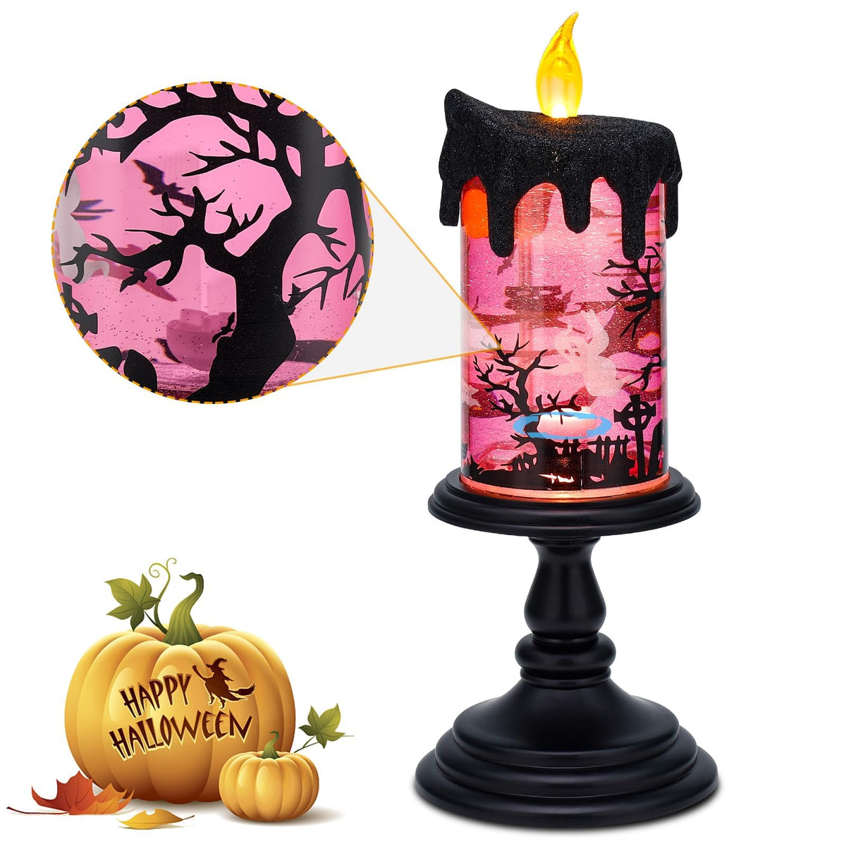 Halloween Snow Globe Candle Lamp – Battery Operated Flameless Candle with Spinning Water & Glitter, Lighted Tornado Effect Table Centerpiece for Indoor Halloween Decorations (Pink