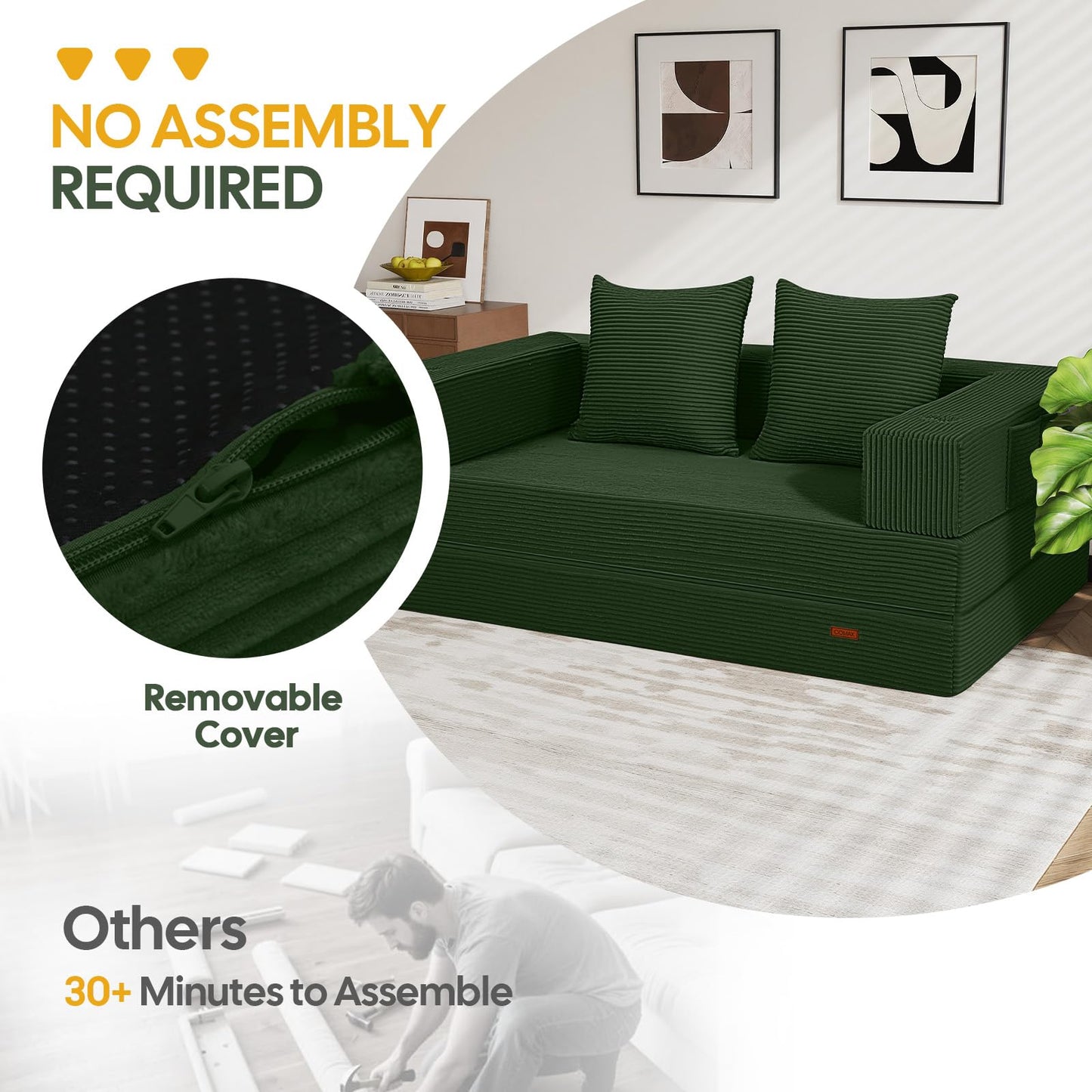 COMAX Futon Sofa Bed, 4‑in‑1 Convertible Sofa Bed, Folding Boneless Couches for Living Room, Fold Out Small Foldable Loveseat Floor Sleeper Comfy Mattress Lounge Space‑Saving, Green