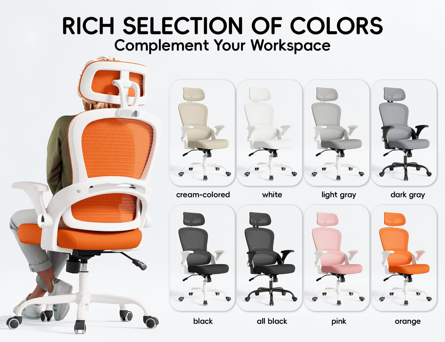TRALT Office Chair - Ergonomic Office Chair with Back Support, Home Office Desk Chairs, 330lbs Wide Seat Big and Tall Office Chairs with Headrest, Comfy Desk Chairs (Orange)