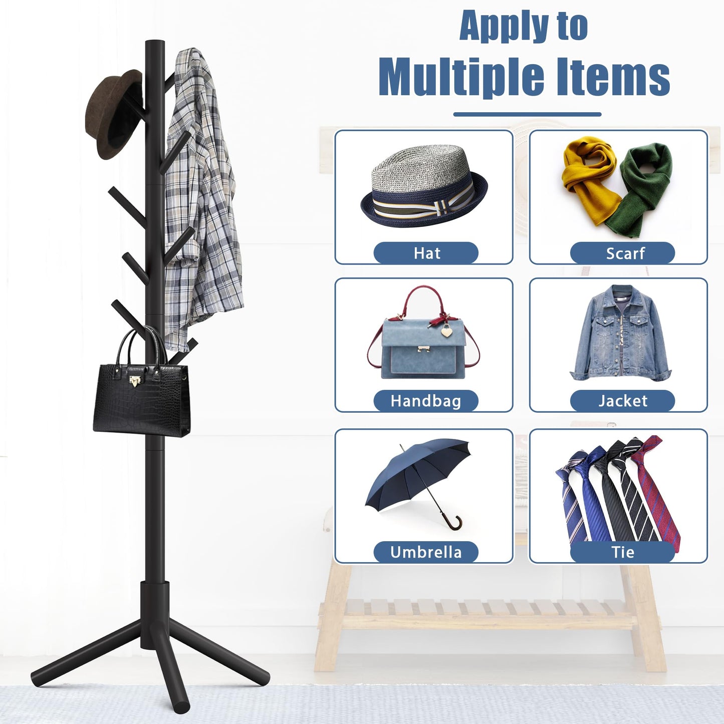 Haddockway Wooden Coat Rack Stand with 8 Hooks New Zealand Pine 3 Adjustable Coat Standing Tree Easy Assembly for Coats, Hats, Scarves and Handbags for Entryway, Hallway, Bedroom, Office