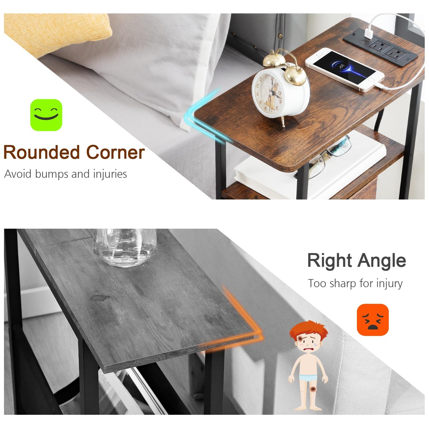 LOAKEKEL Narrow End Table Living Room with Charging Station, Skinny Side Table with Fabric Drawers, Slim LED Nightstand for Bedroom, Small Spaces, Couch, Rustic Brown, HETNDP03LPBR-1