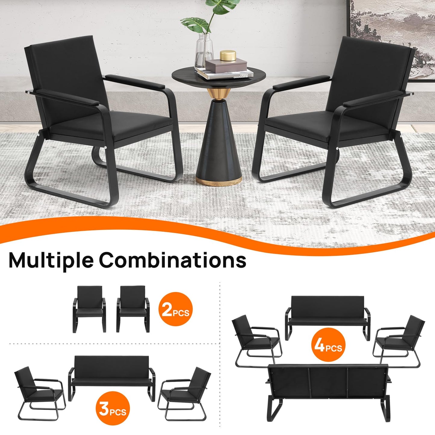walnest Guest Reception Chair with Padded Arms, PU Leather, Heavy Duty 330 Lb Capacity, Black (Black, Single seat)